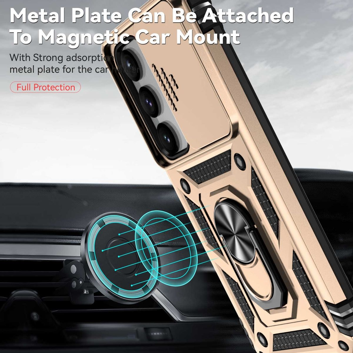 Eine Handyhülle mit einer magnetischen Autohalterung. Gold und Schwarz. Das Telefon ist in der Halterung.