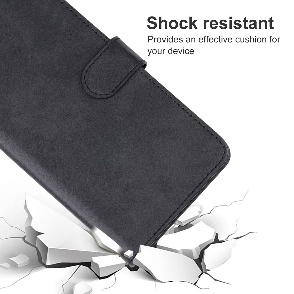 Schwarze Handyhülle. Die Hülle ist angewinkelt, und der Text 'Shock resistant' ist sichtbar.
