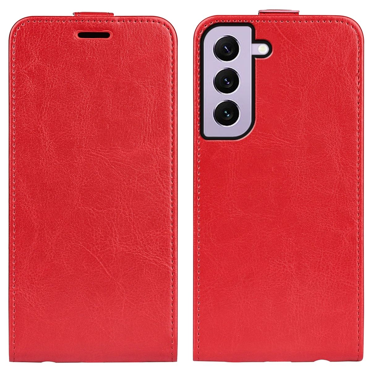 Rote Handyhülle, geöffnet, zeigt das Handy. Eine Seite ist geschlossen, die andere zeigt das Handy.
