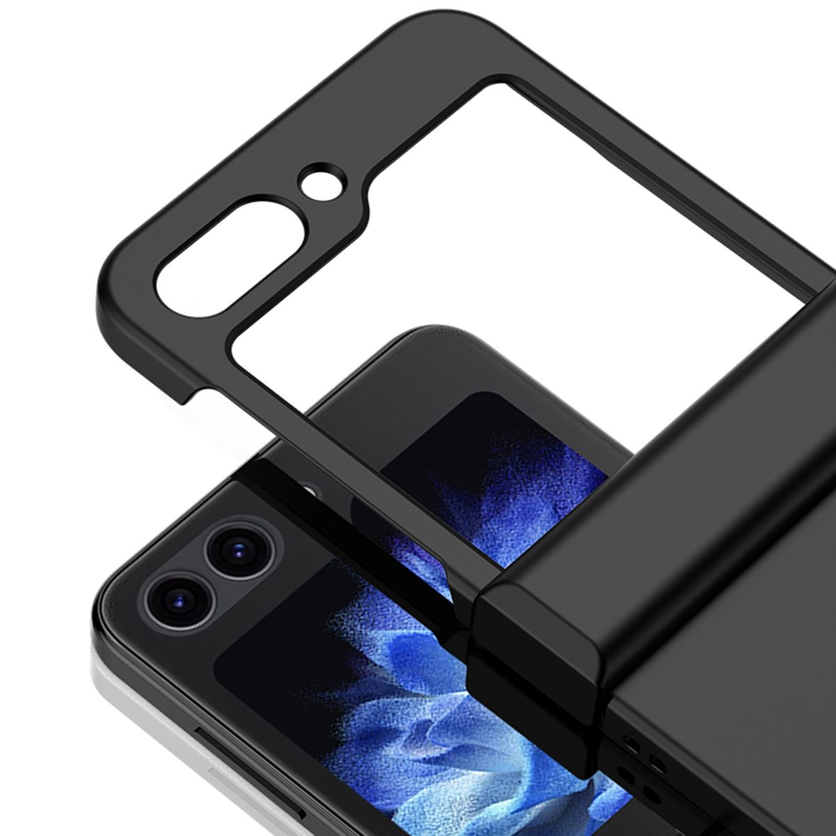 Eine schwarze Handyhülle mit einem Telefon darin. Die Hülle umgibt das Telefon und zeigt die Rückseite und die Seiten.