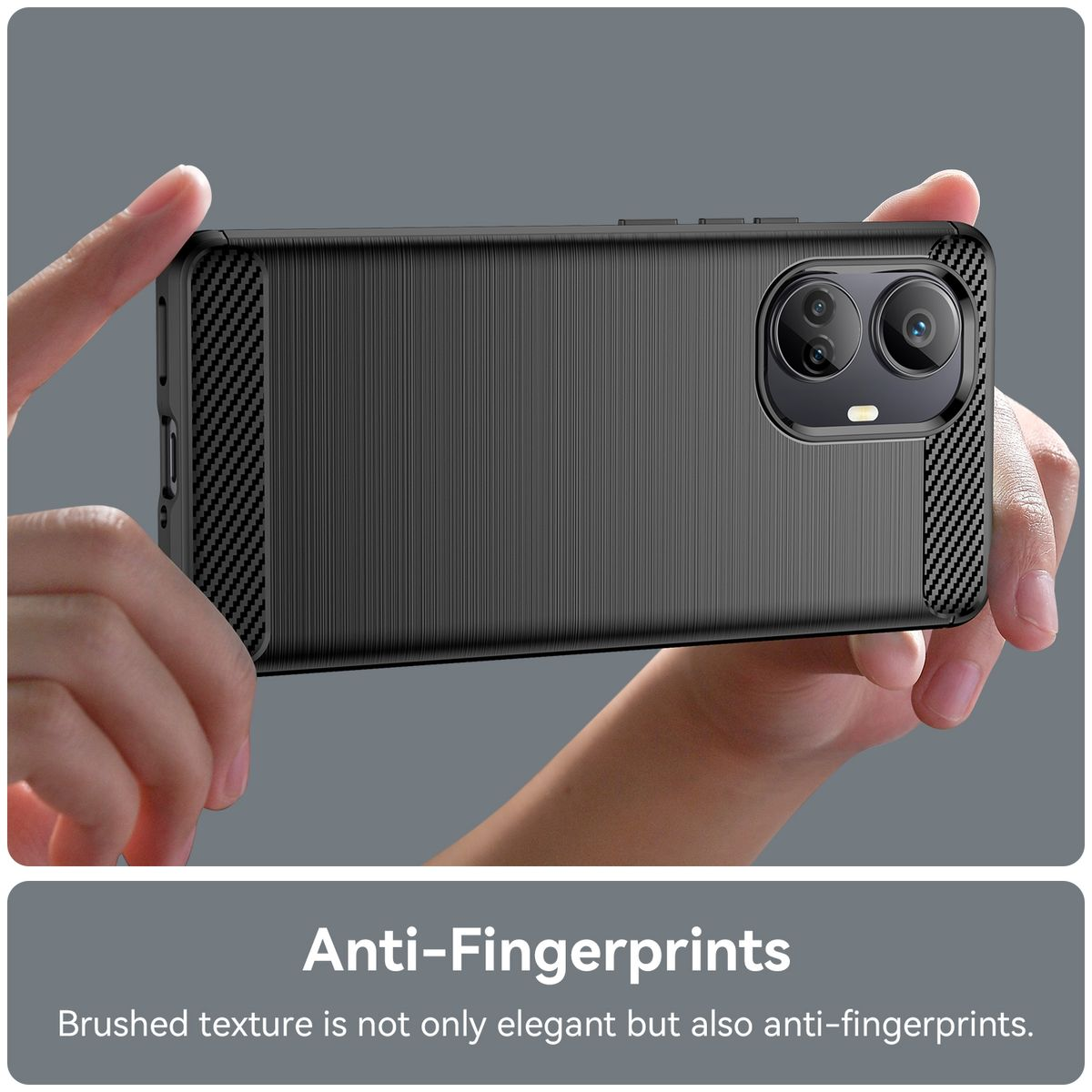 Hand hält Telefon in schwarzer Hülle. Ein weißes Textfeld sagt 'Anti-Fingerprints'.