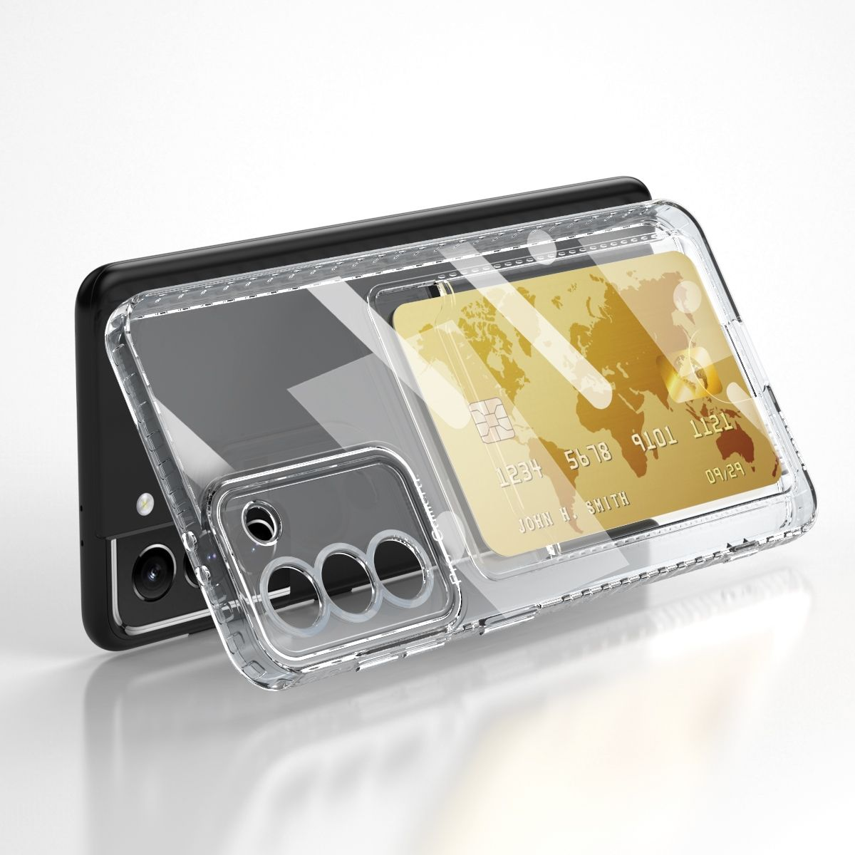 Eine transparente Handyhülle mit einer Kreditkarte, platziert auf einer weißen Oberfläche mit einem schwarzen Telefon.