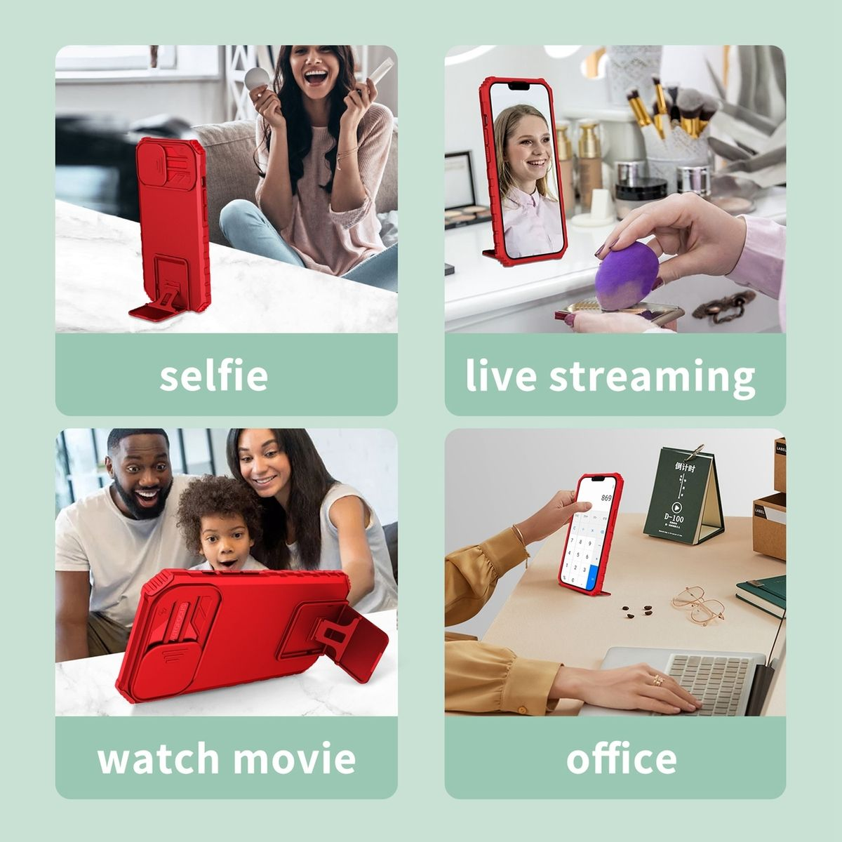 Vier Bilder, die eine rote Handyhülle zeigen, die für Selfies, Live-Streaming, Filme ansehen und Büroarbeit verwendet wird.