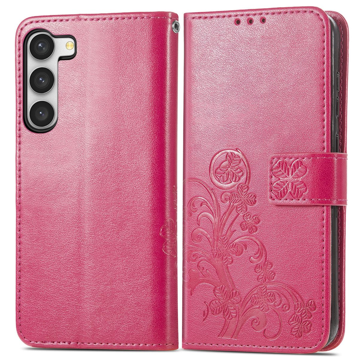 Eine rosa Handyhülle, geöffnet, um das Telefon im Inneren zu enthüllen, mit floralem Design auf der rechten Seite.