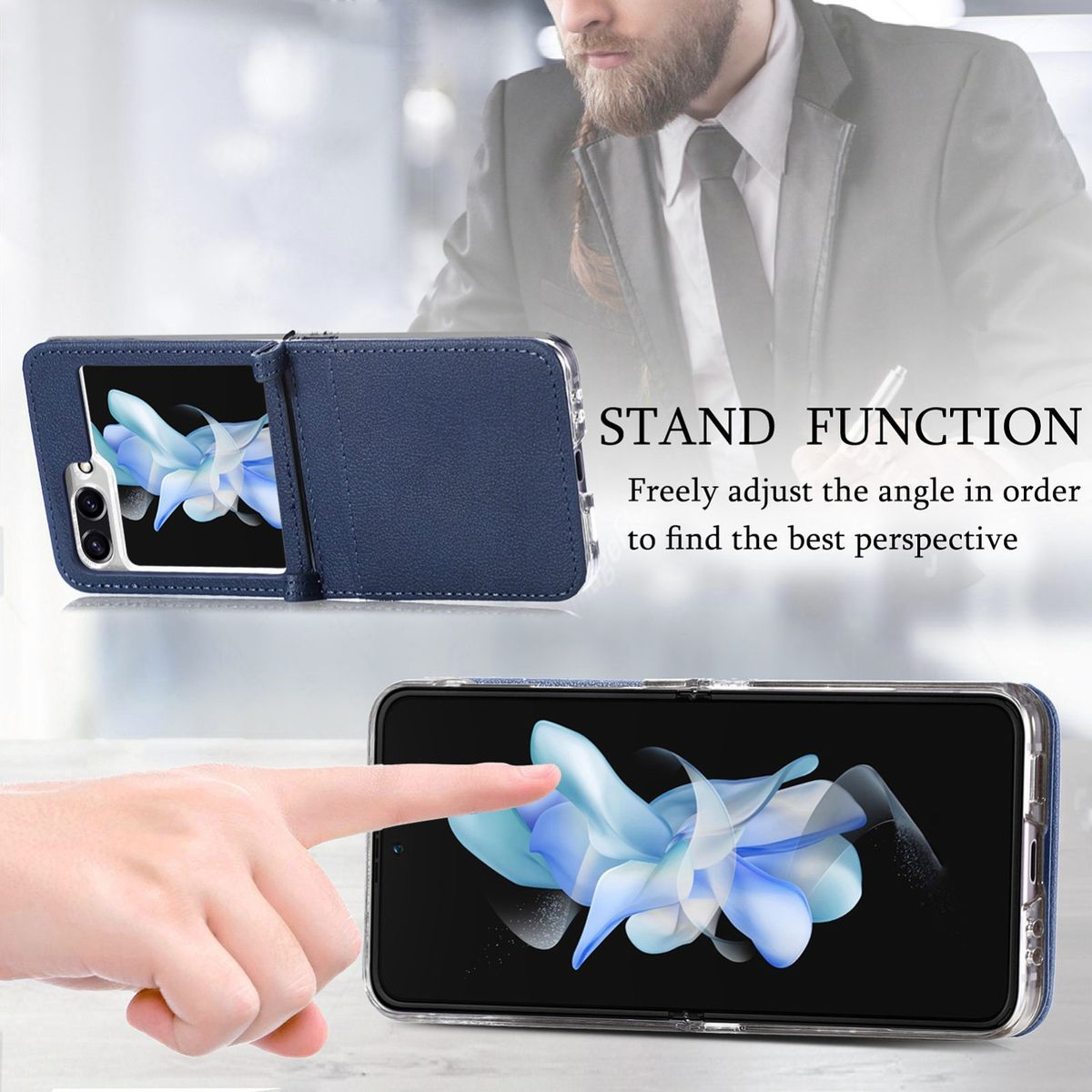 Eine Handyhülle mit blauer Lederoberfläche, die ein Handy mit floralem Bildschirm hält. Text: Standfunktion.