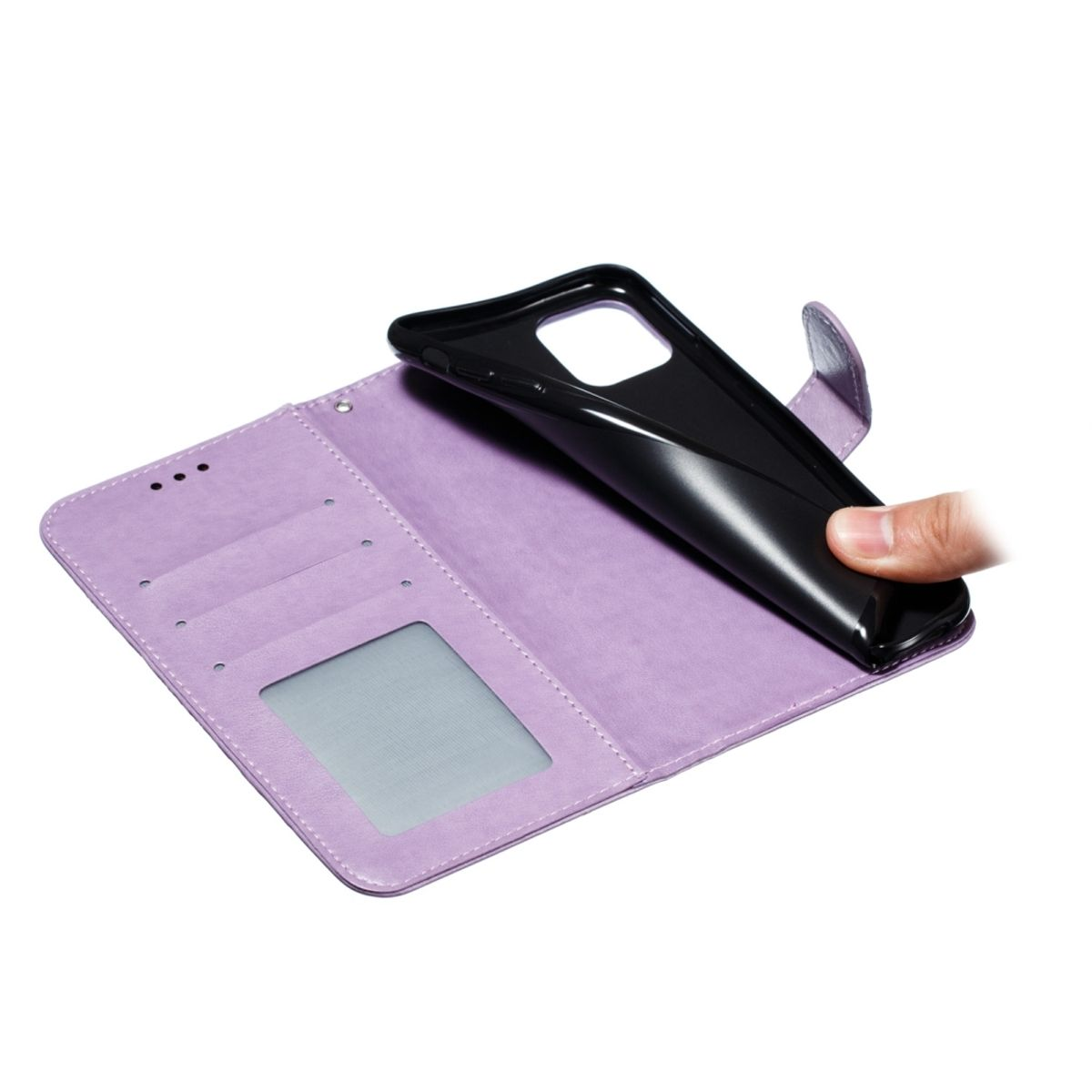 Eine lila Geldbörsen-Handyhülle, mit einem schwarzen Telefon darin. Die Hülle ist geöffnet.