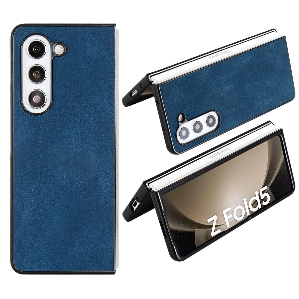 Faltbares Telefon in blauer Lederhülle. Mehrere Ansichten zeigen das offene und geschlossene Telefon.