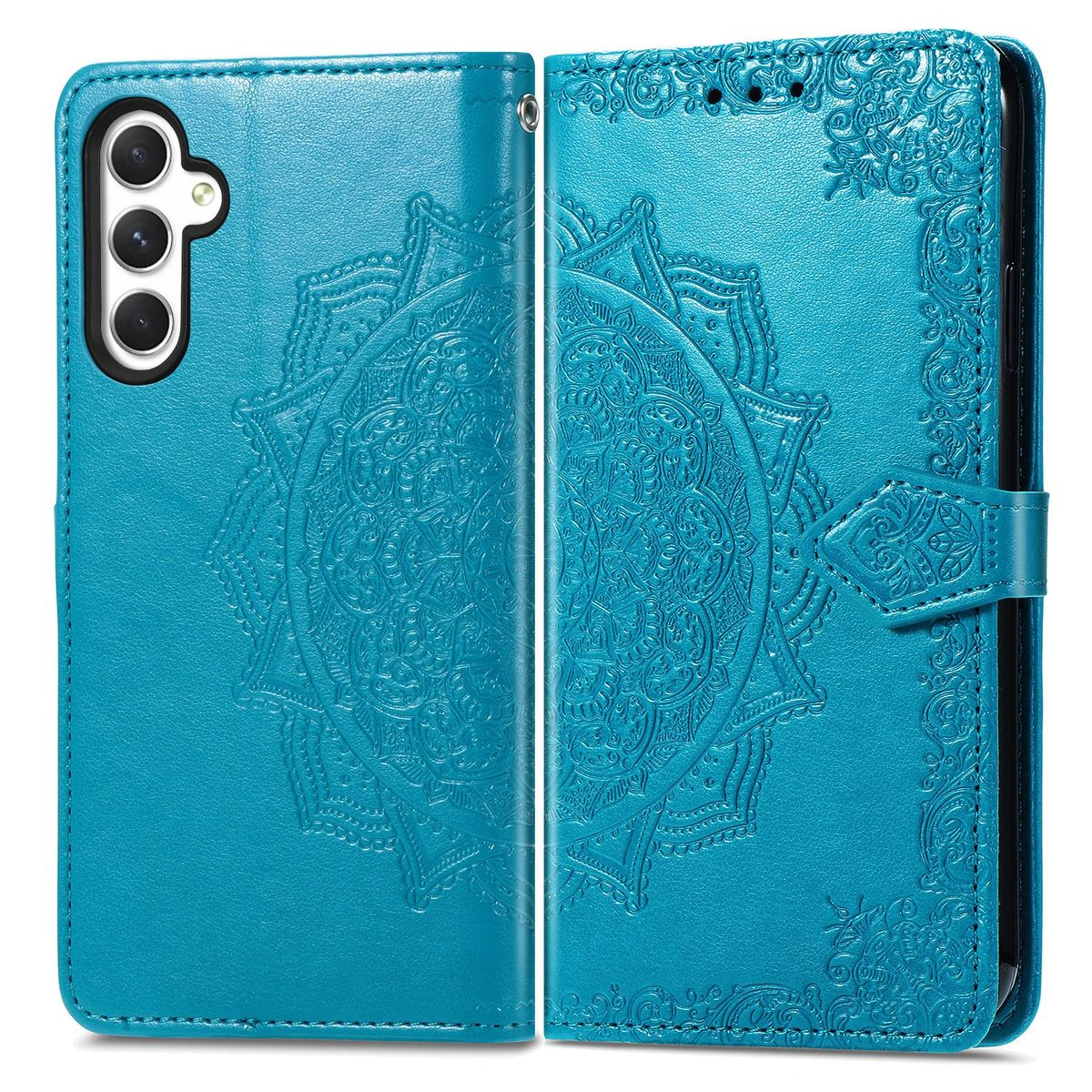 Eine teal-farbene Leder-Handyhülle, geöffnet, zeigt ein Mandala-Design und ein Telefon.