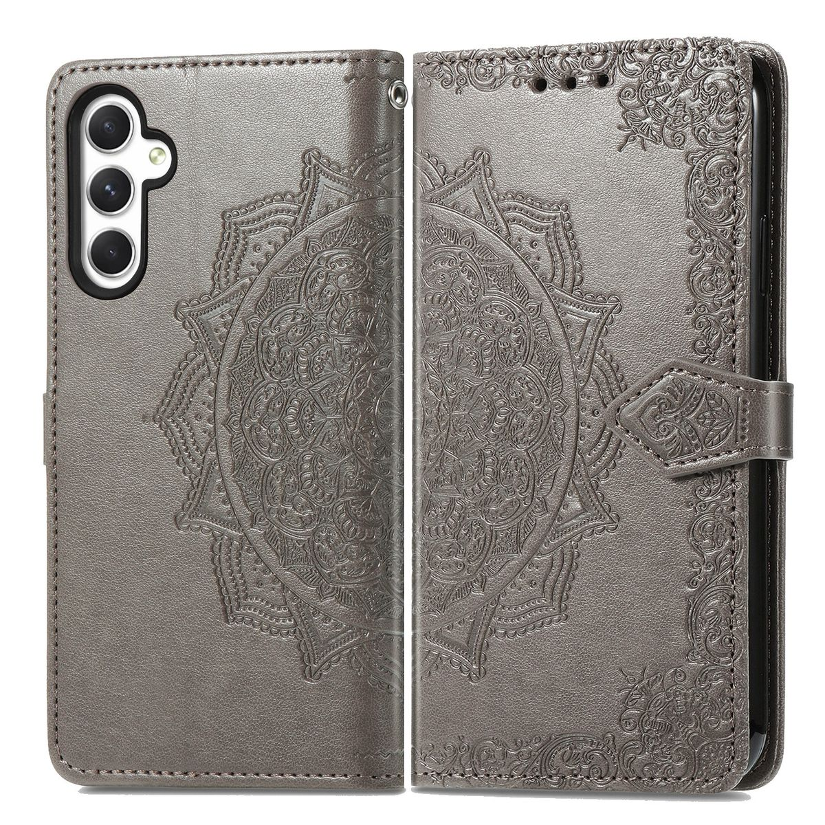 Graue Handyhülle mit floralem Design. Die Hülle ist geschlossen und hat einen Magnetverschluss.