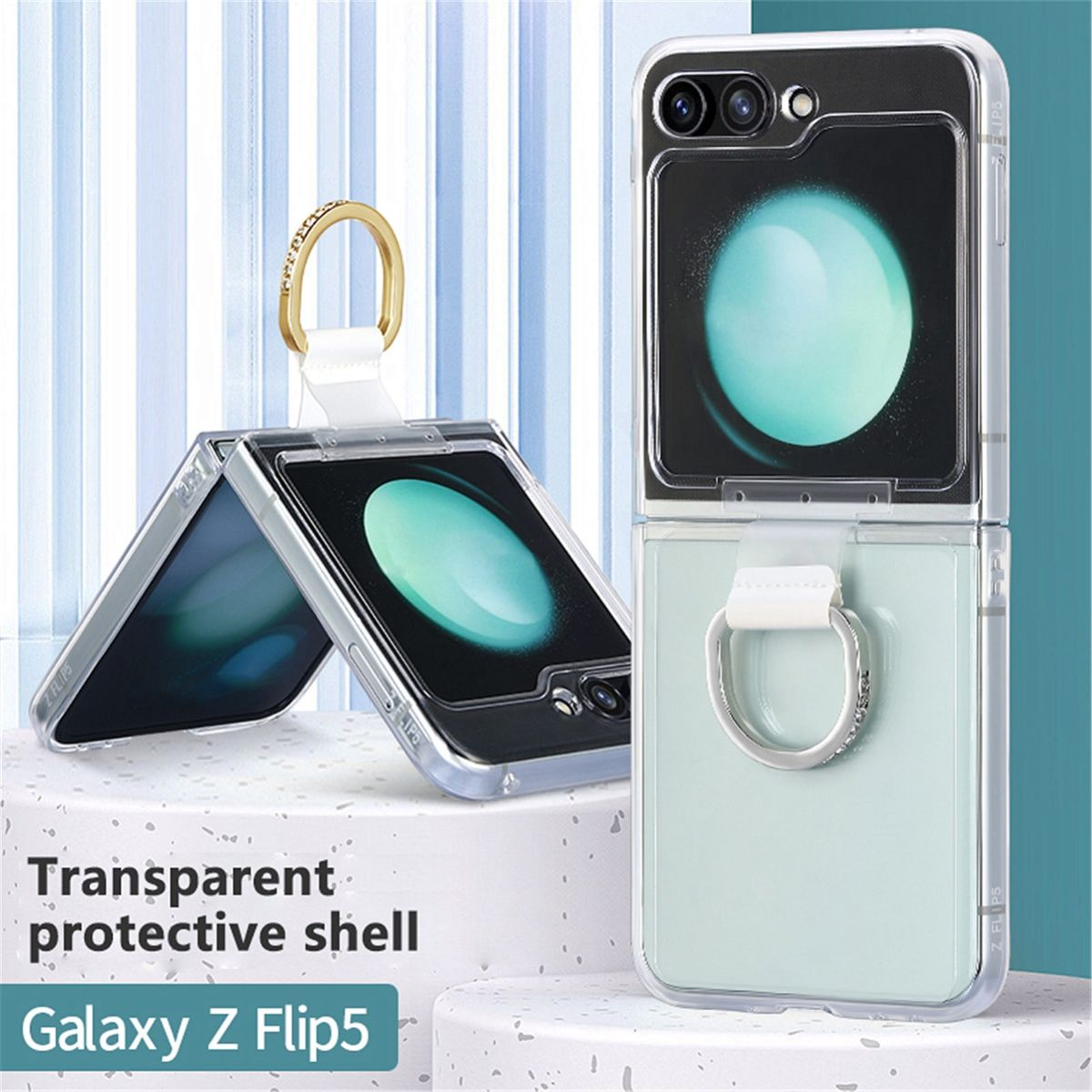 Transparente Schutzhülle für Galaxy Z Flip5, offen und geschlossen, mit Ringhalter. Text 'Transparent protective shell'.