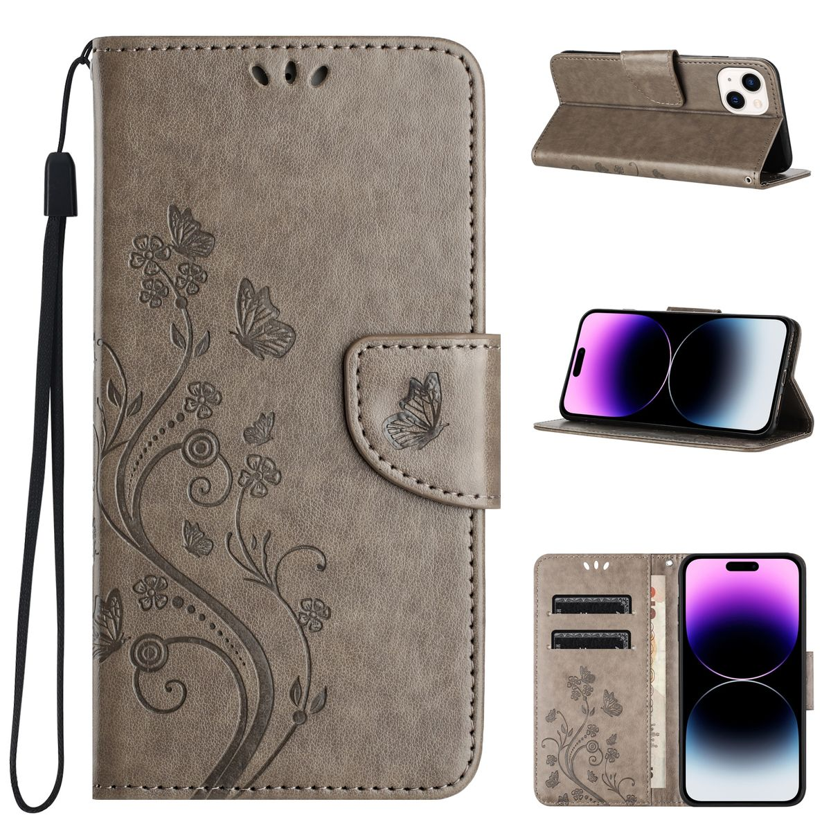 Braune Handyhülle mit Blumendesign und Schmetterling. Sie hat einen Riemen und einen Magnetverschluss mit Telefon.