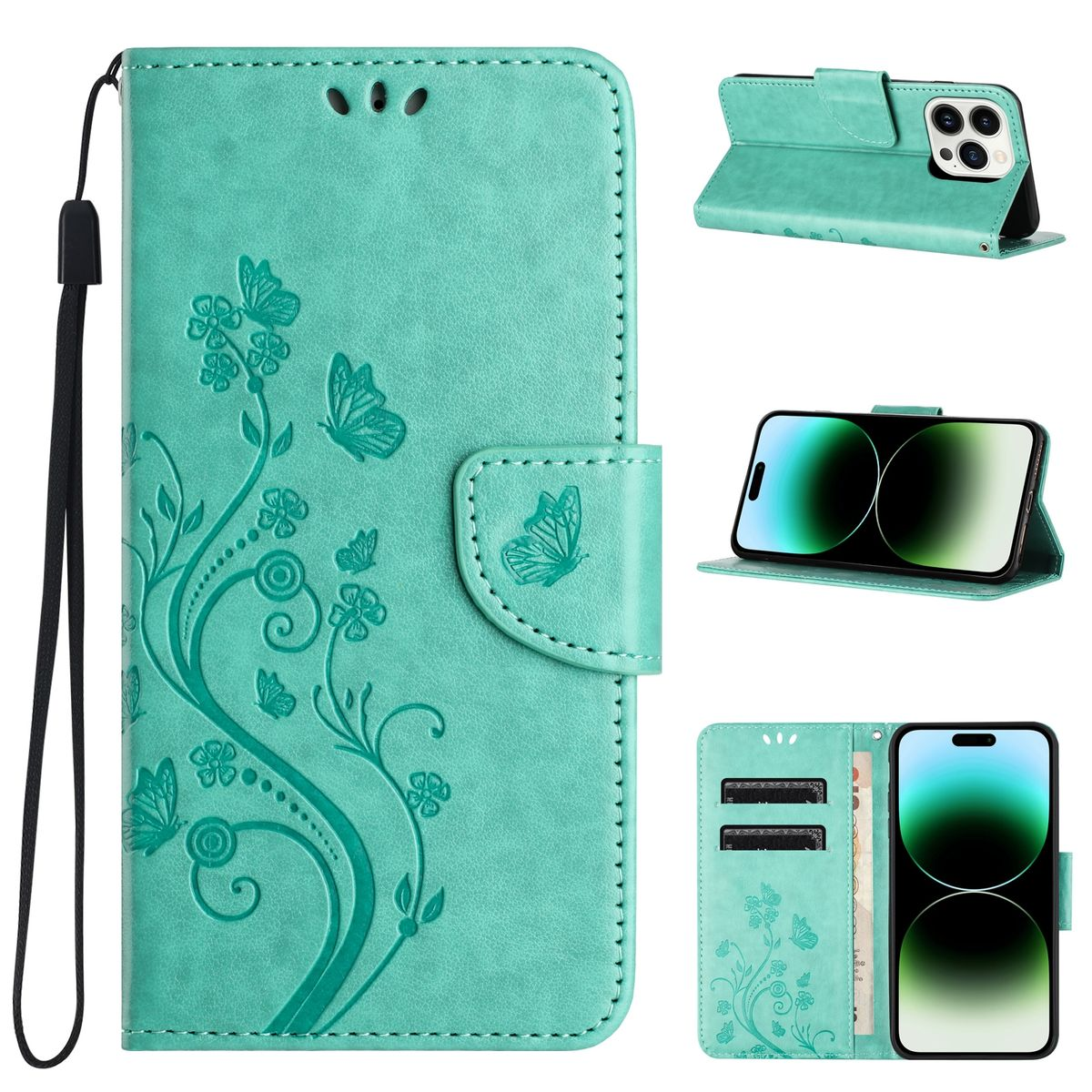 Türkisfarbenes Handycase mit floralem Design, Schmetterlingen und einer Handschlaufe. Mehrere Winkel werden gezeigt.