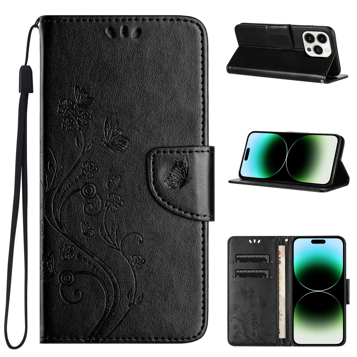 Schwarze Handyhülle. Es hat ein Blumendesign und einen Riemen. Im Inneren befinden sich ein Telefon und Kartenfächer.