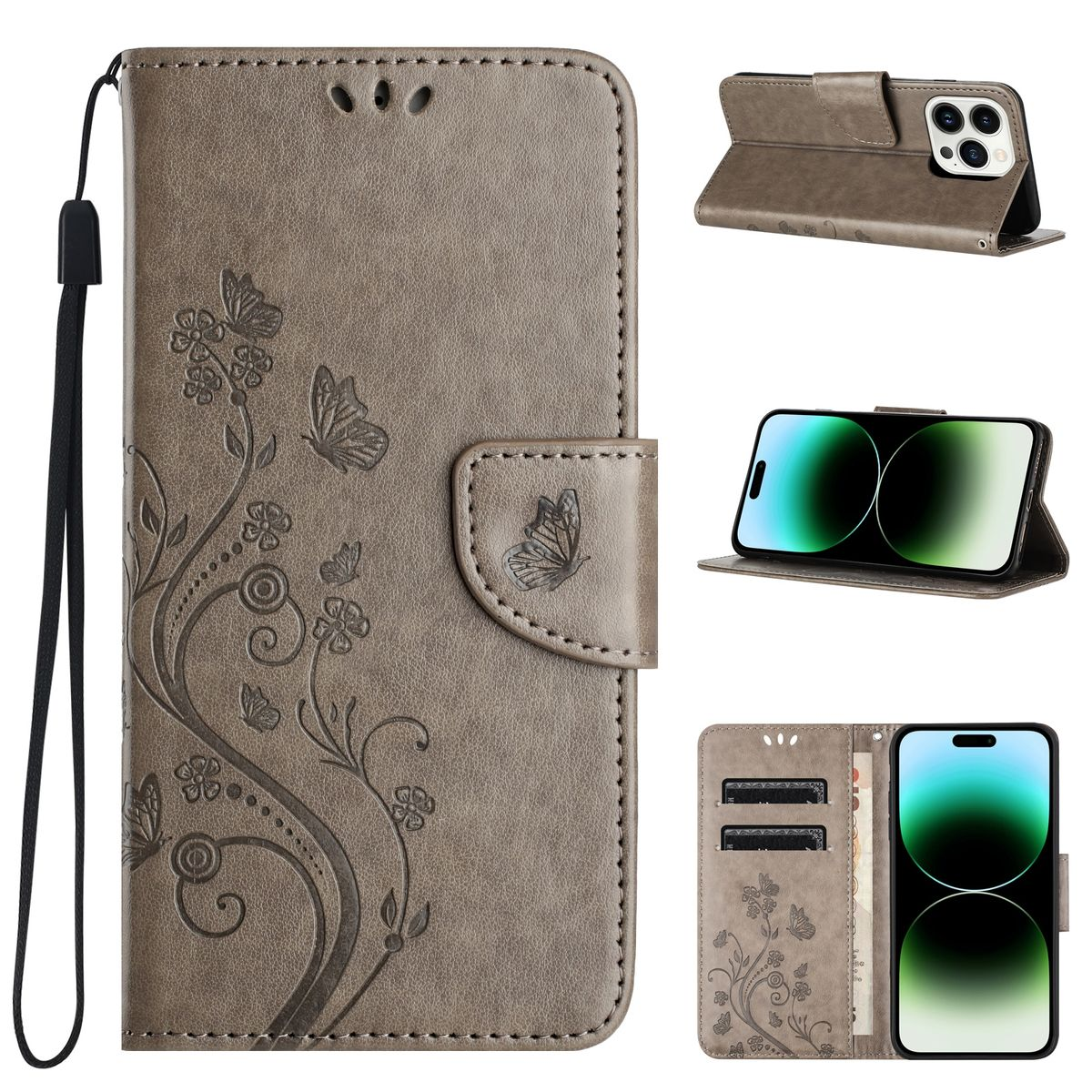 Braune Leder-Handyhülle mit Schmetterlingsprägungen, geöffnet, um Telefon und Karten zu zeigen.