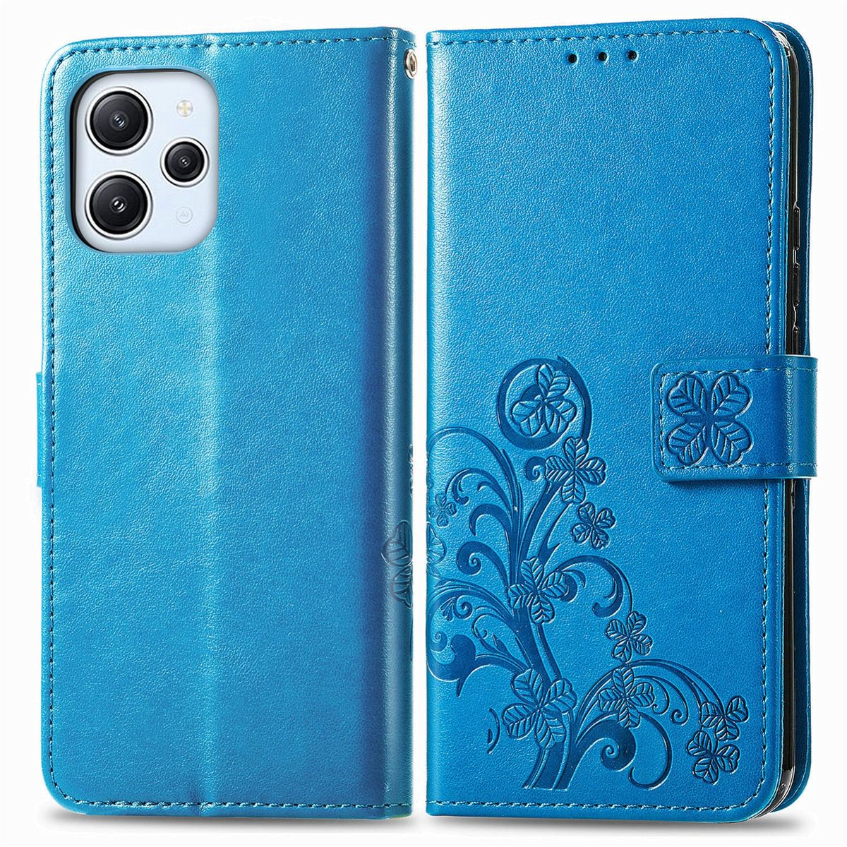 Geöffnete blaue Handyhülle mit Blumendesign. Das Telefon ist sichtbar. Hat einen Magnetverschluss.