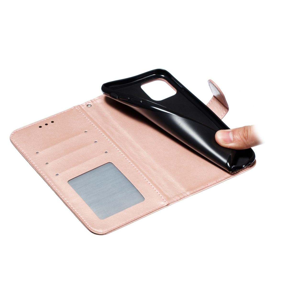 Eine rosa Handyhülle wird geöffnet und gibt das Innere und einen Telefonhalter frei.