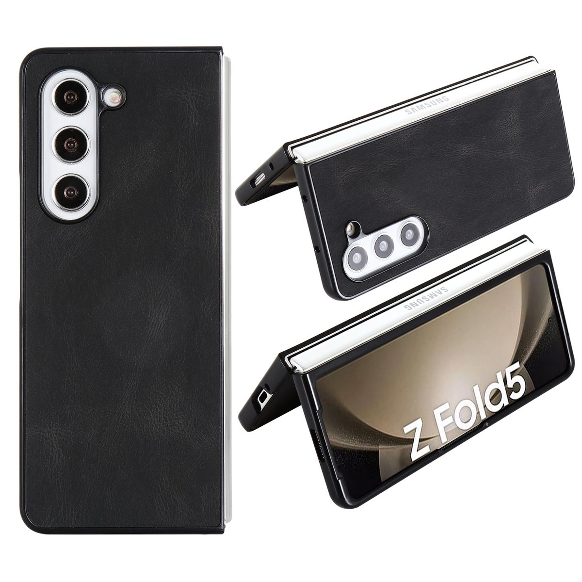 Ein schwarzes Samsung Z Fold5-Telefon. Es ist teilweise geöffnet. Drei Kameras sichtbar.