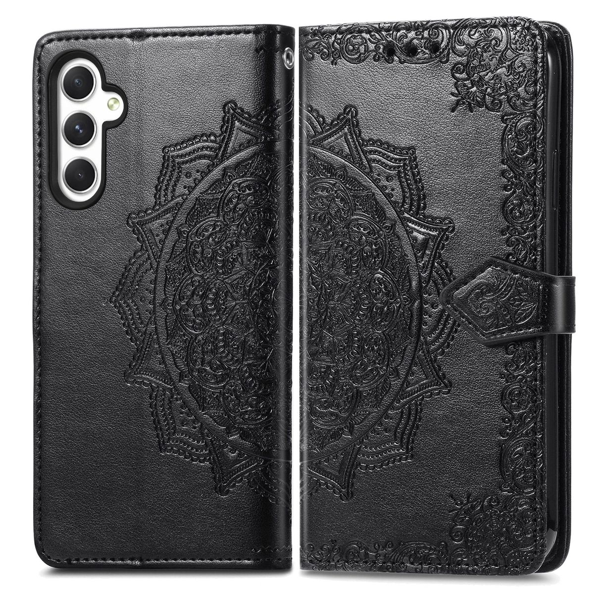 Schwarze Leder-Handyhülle mit detailliertem Blumendesign auf beiden Seiten und Magnetverschluss.