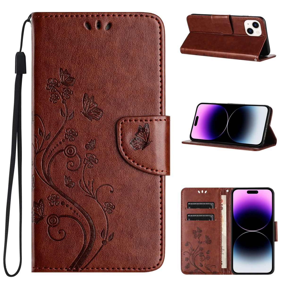 Braune Handyhülle mit Schmetterlingsdesign. Sie ist geöffnet und zeigt das Telefon und Kartenfächer. Mehrere Ansichten werden angezeigt.