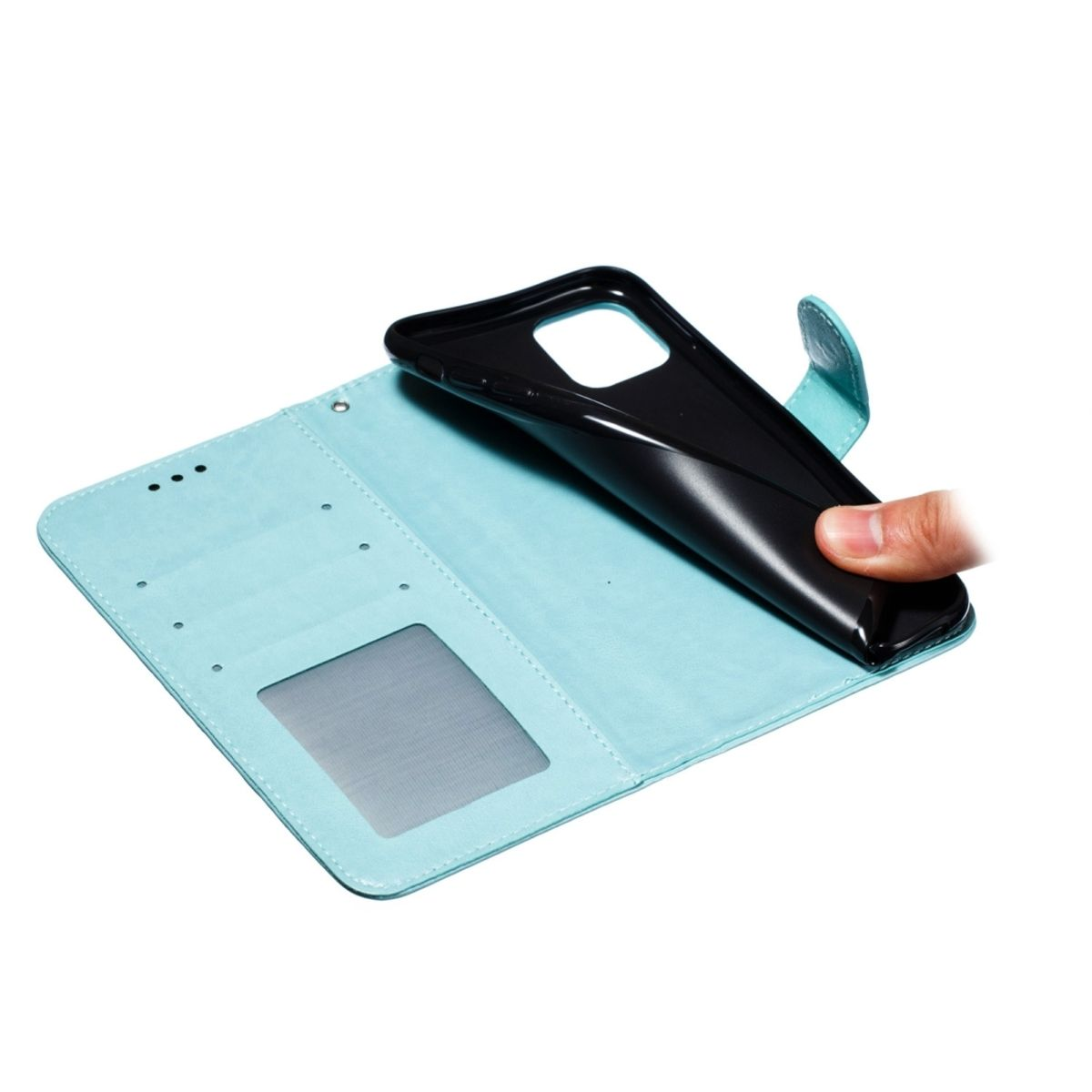 Eine hellblaue Handyhülle geöffnet, mit einer schwarzen Handyhülle darin. Eine Hand hält die offene Hülle.