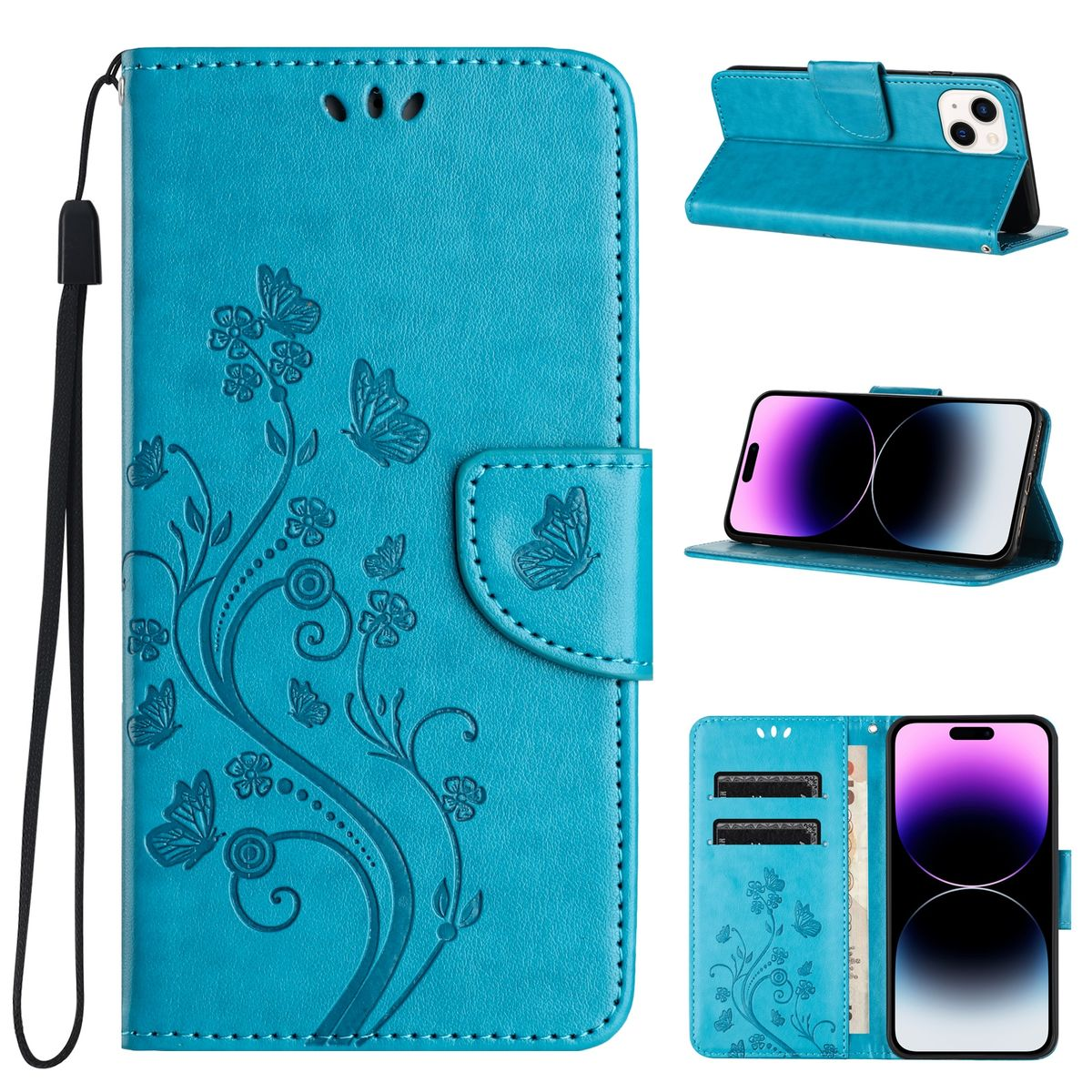 Blaue Handyhülle mit Schmetterlingsdesign, mehrere Ansichten werden gezeigt. Weißer Hintergrund.