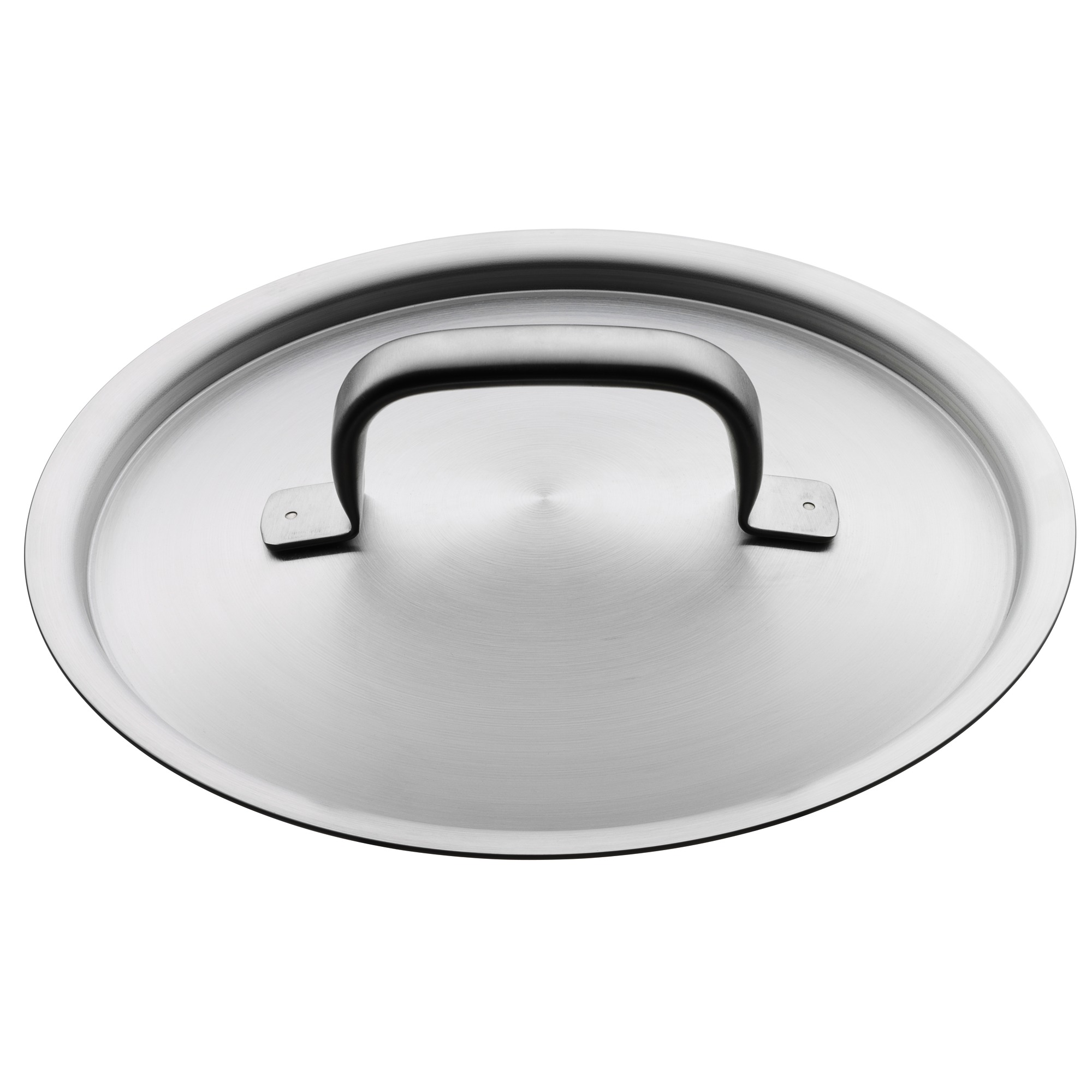 Edelstahldeckel für einen Topf mit Griff. Weißer Hintergrund.