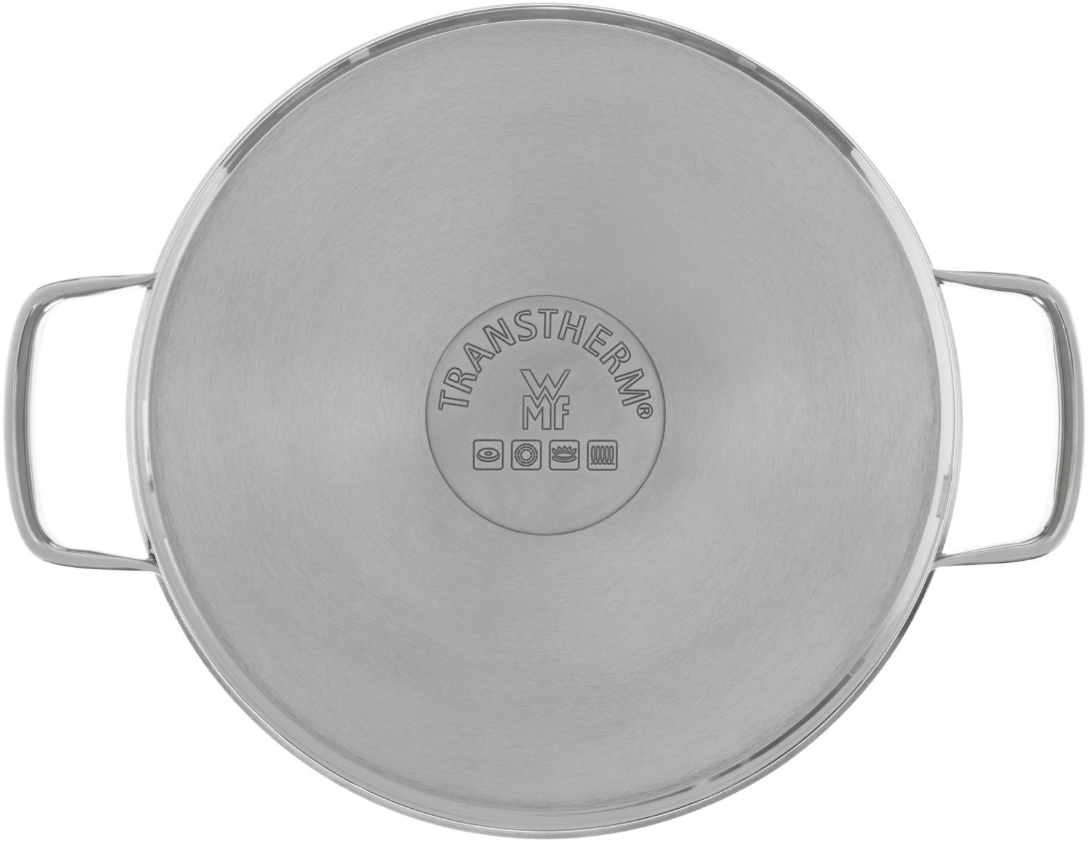 Edelstahltopfbasis mit kreisförmigem Design und TransTherm-Logo.