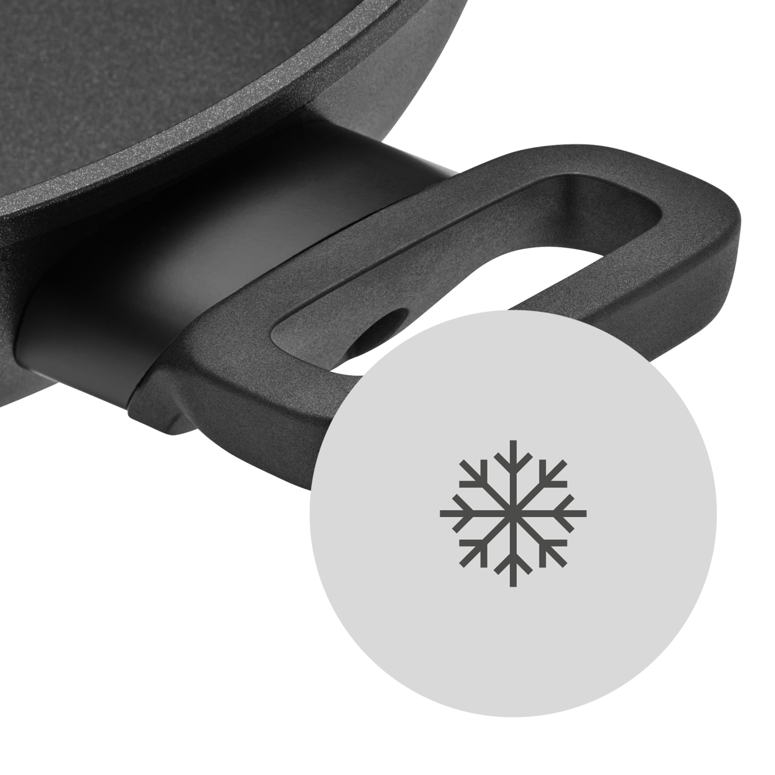 Poêle noire avec une poignée. Un cercle blanc avec une icône de flocon de neige est à droite.