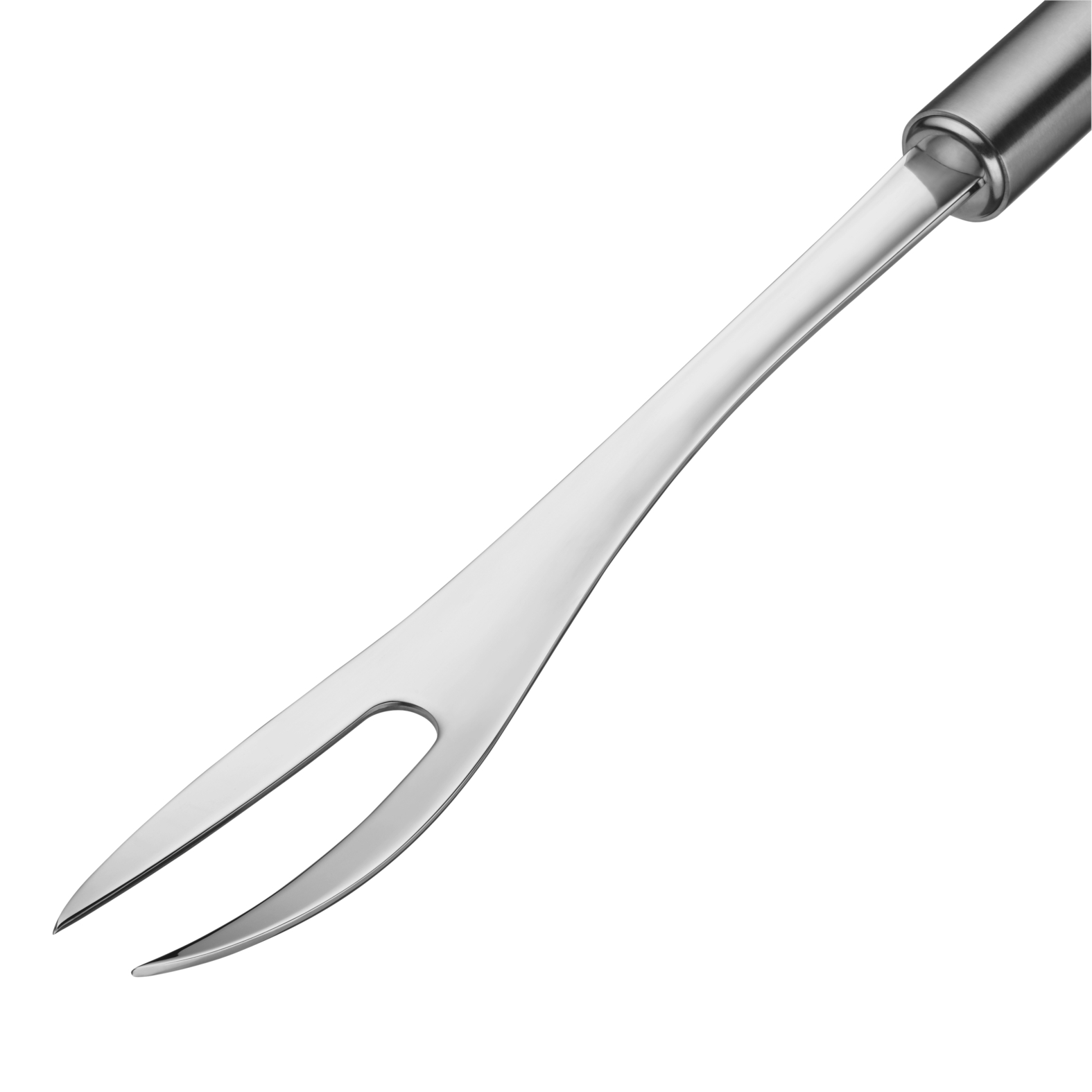 Eine Edelstahl-Grillgabel mit zwei Zinken auf weißem Hintergrund.