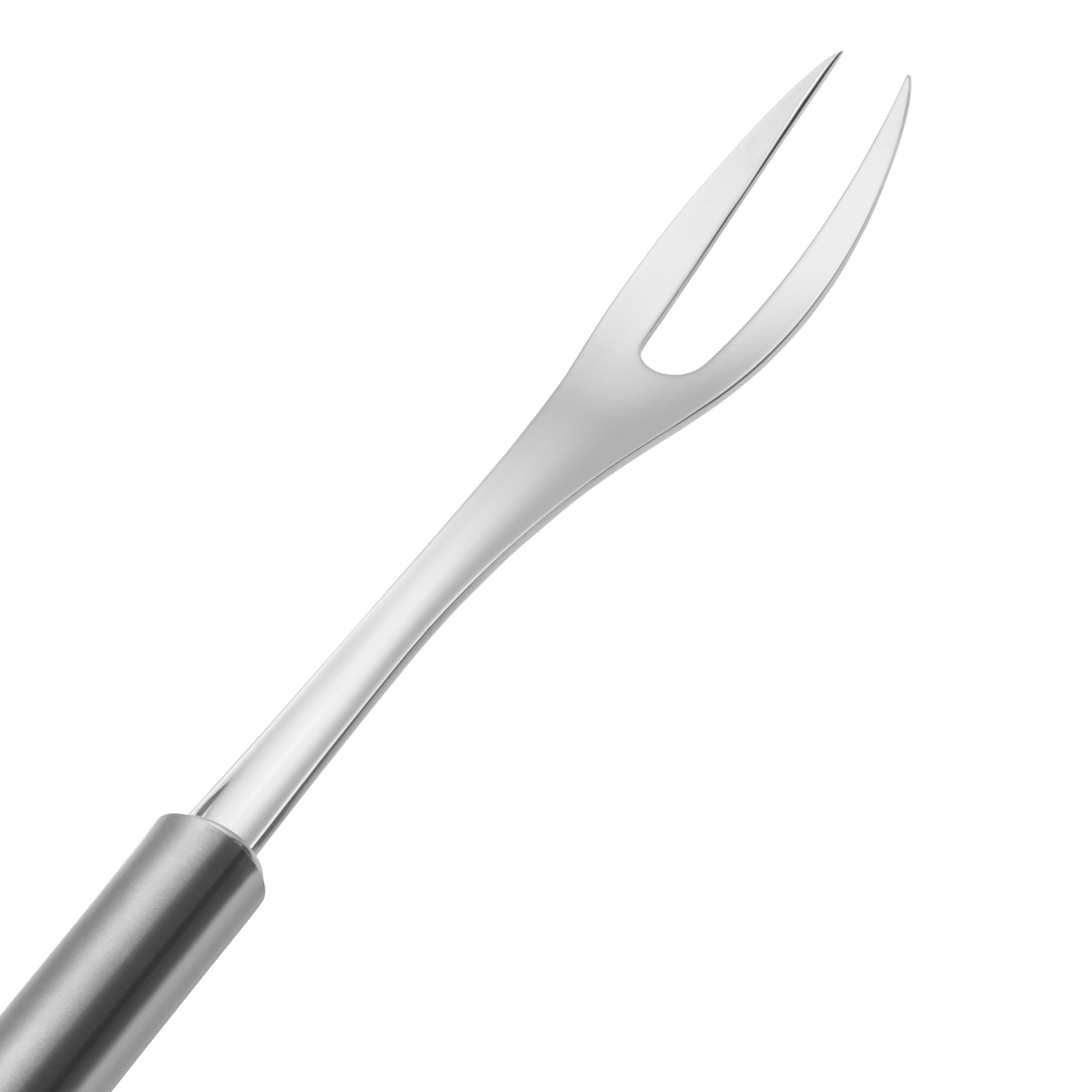 Eine Edelstahlgabel mit zwei Zinken und einem abgerundeten Griff, isoliert auf Weiß.