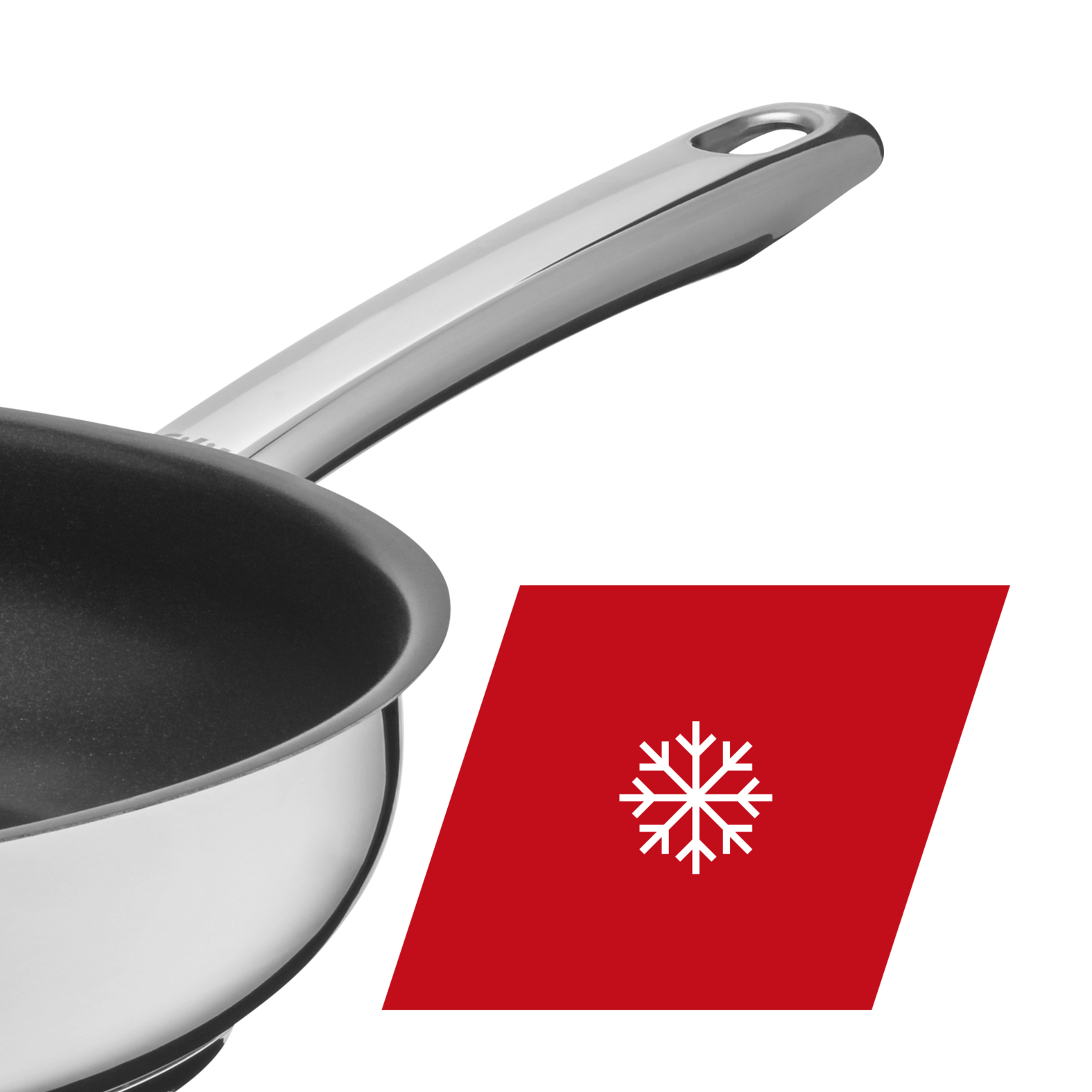 Srebrna patelnia z długim uchwytem, na białej powierzchni, z czerwonym kwadratem i ikoną śnieżynki.