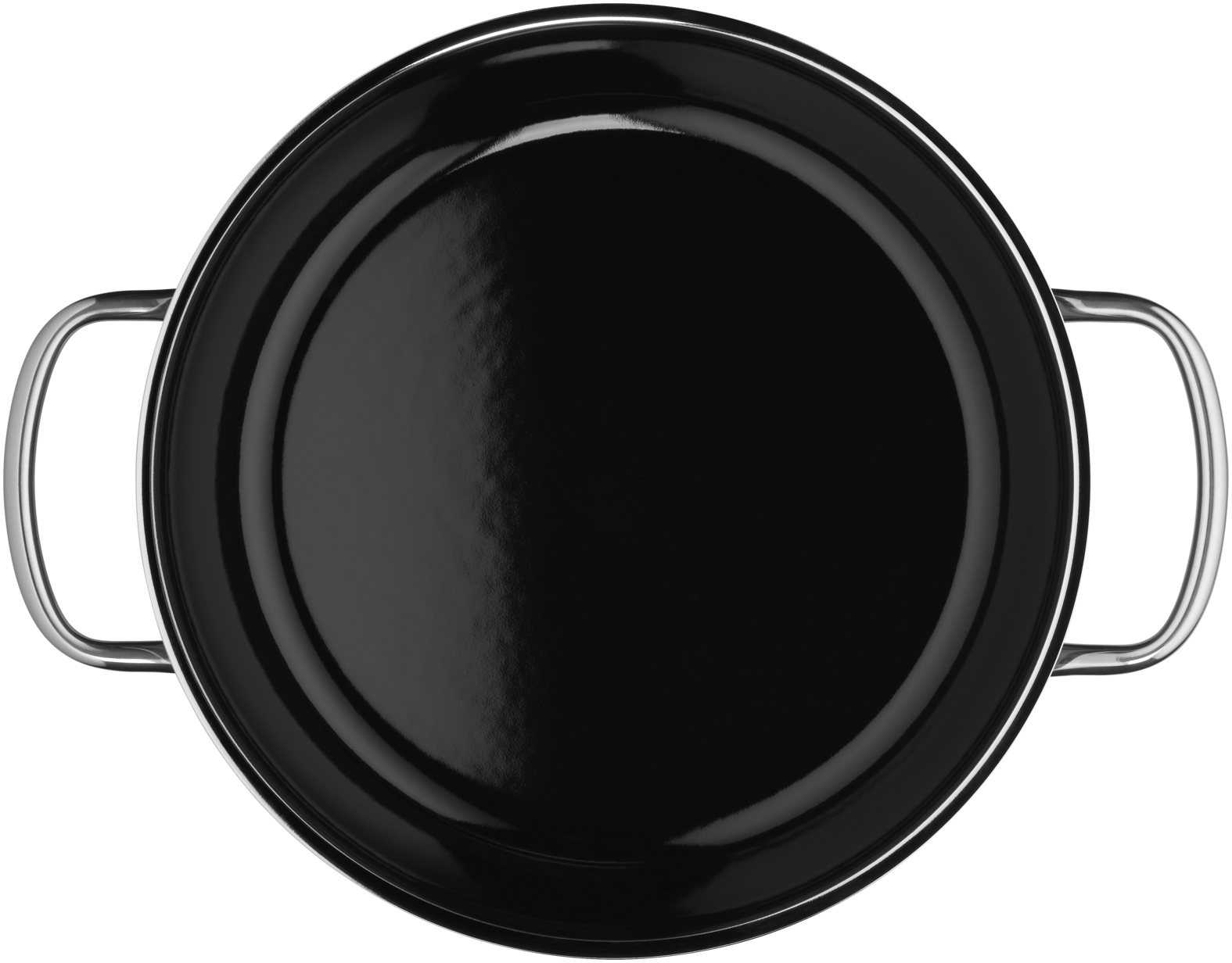 Draufsicht auf eine schwarze Pfanne mit zwei silbernen Griffen. Weißer Hintergrund.