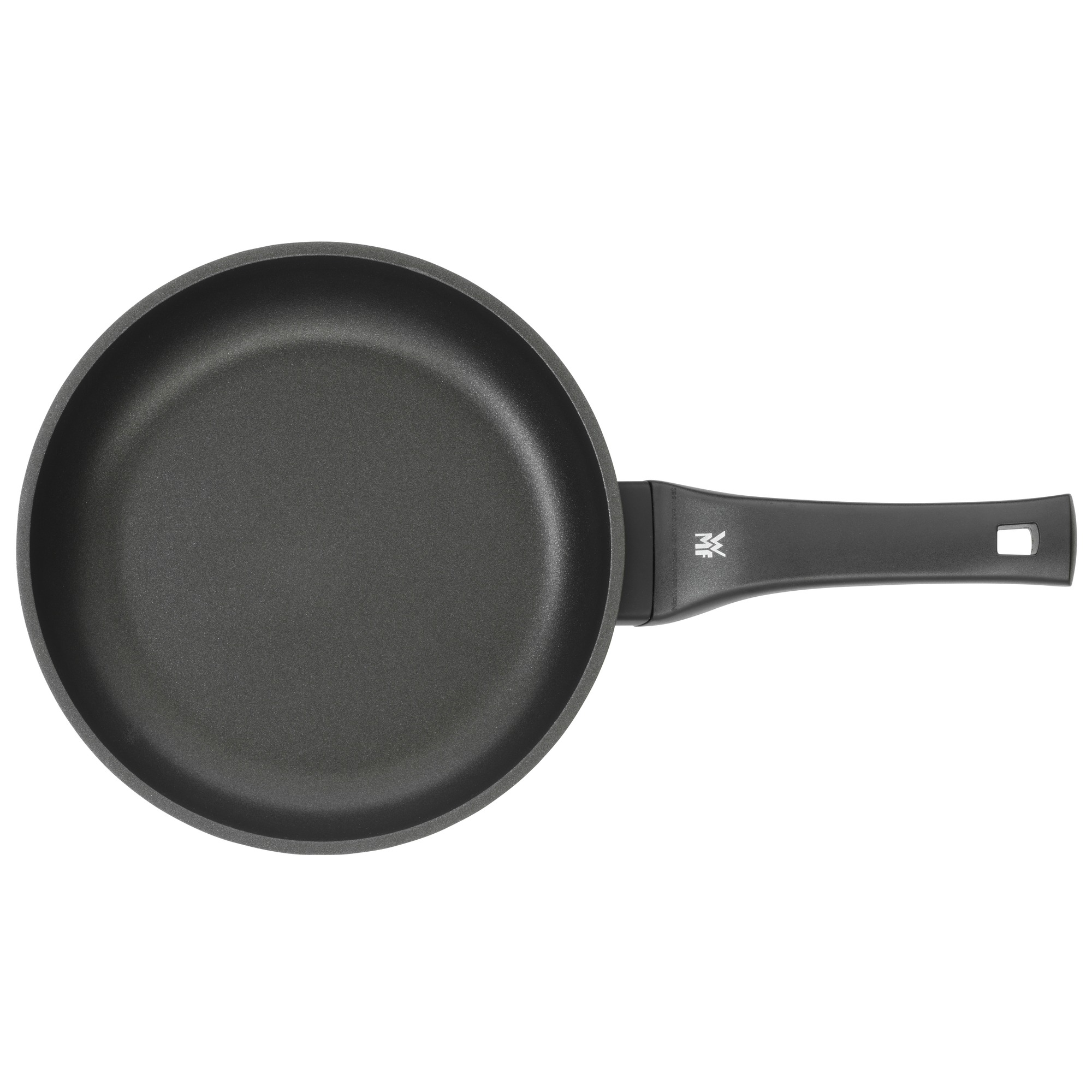 Poêle noire avec une poignée noire.
