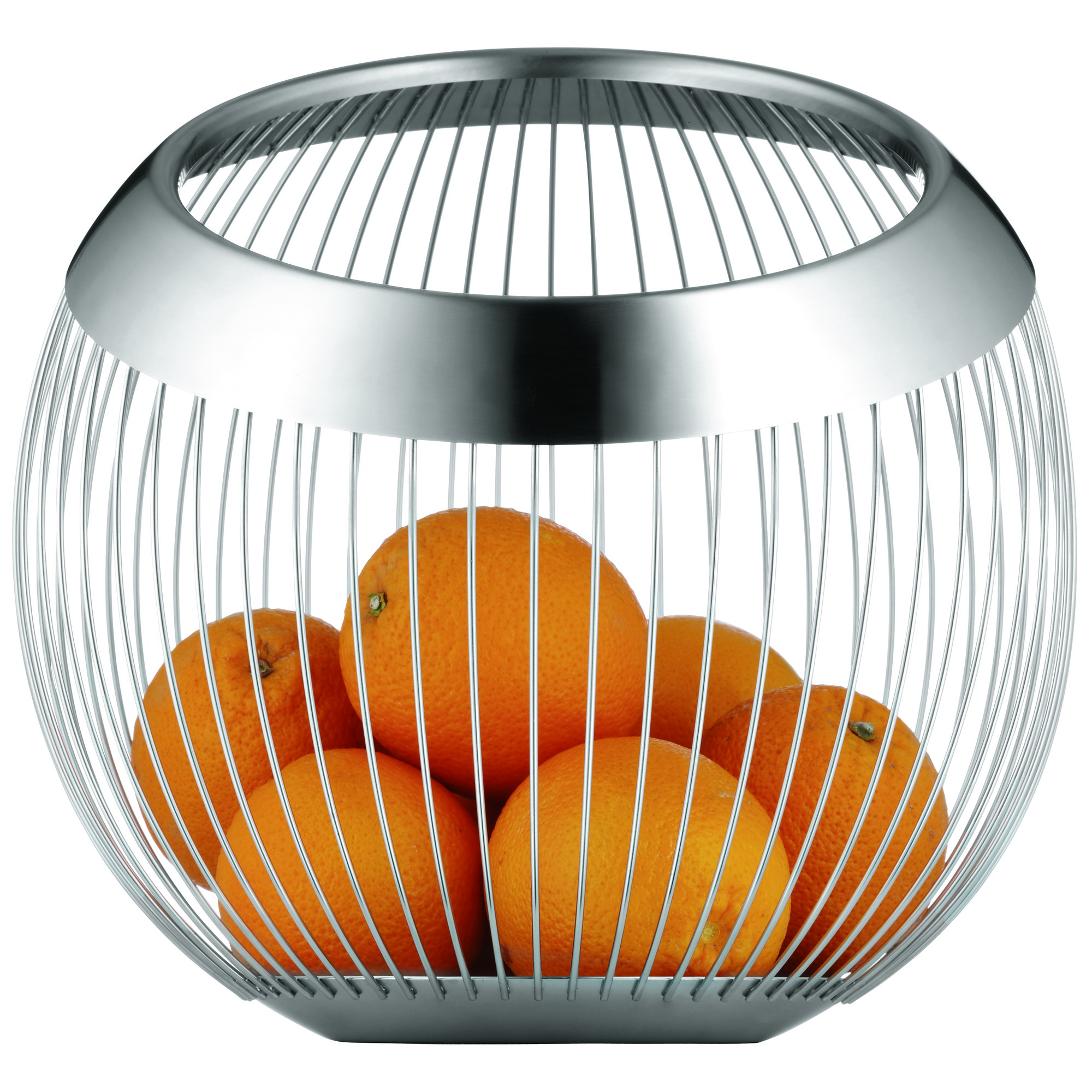 Ein silberner Draht-Obstkorb, gefüllt mit Orangen. Der Korb hat eine runde Form und ein offenes Design.