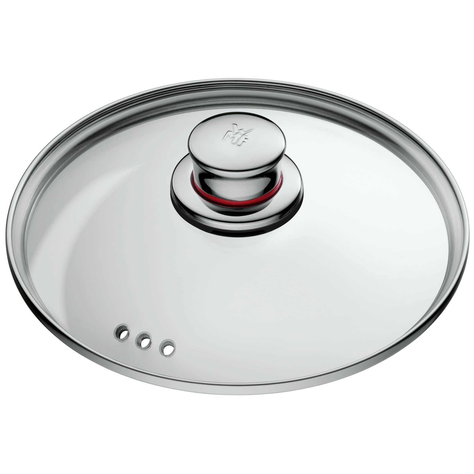 Ein transparenter Glasdeckel für einen Topf, mit silbernem Rand und schwarzem Griff mit rotem Ring.