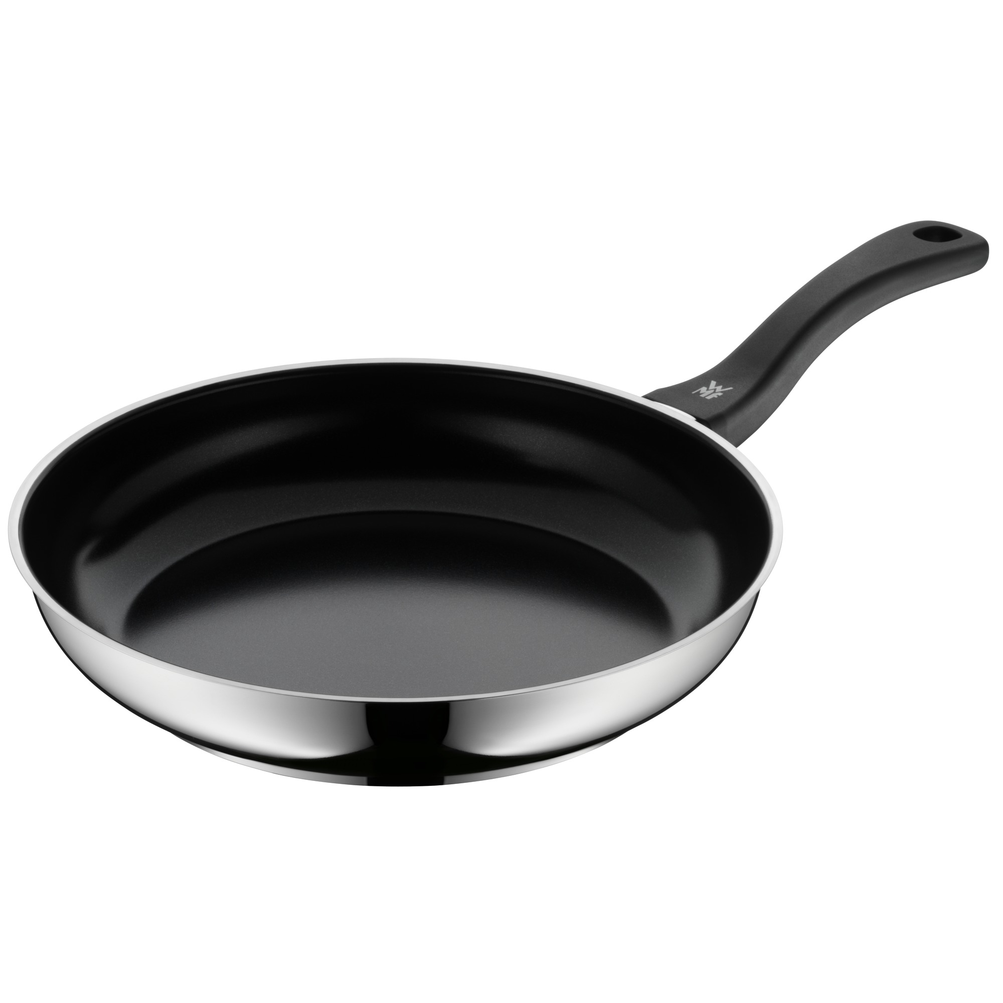 Schwarze Bratpfanne mit silbernem Rand und schwarzem Griff, weißer Hintergrund.