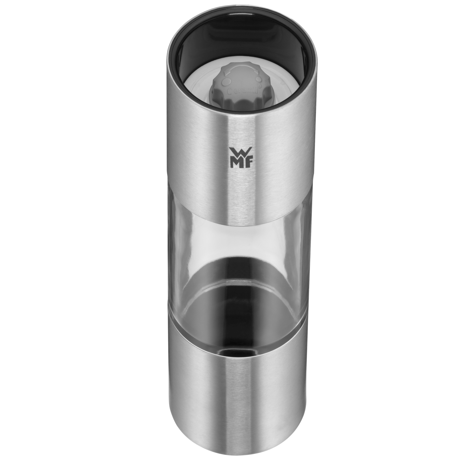 Silberner und transparenter Pfefferstreuer. Glasbehälter. Schwarzer Deckel.