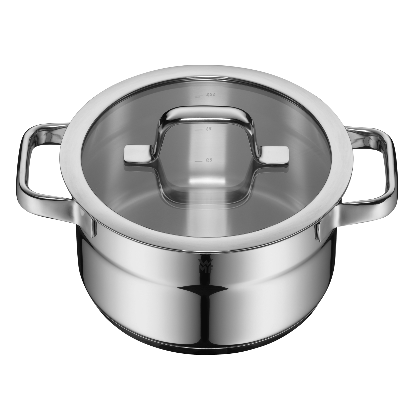 Edelstahltopf mit Glasdeckel. Der Topf hat Griffe.