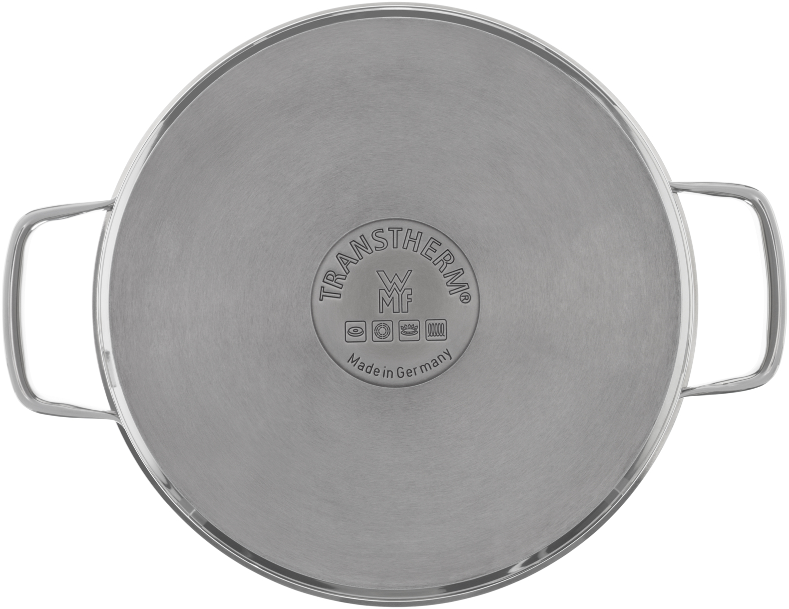 Der Boden eines Edelstahltopfs mit Griffen, mit den Logos TransTherm und WMF.
