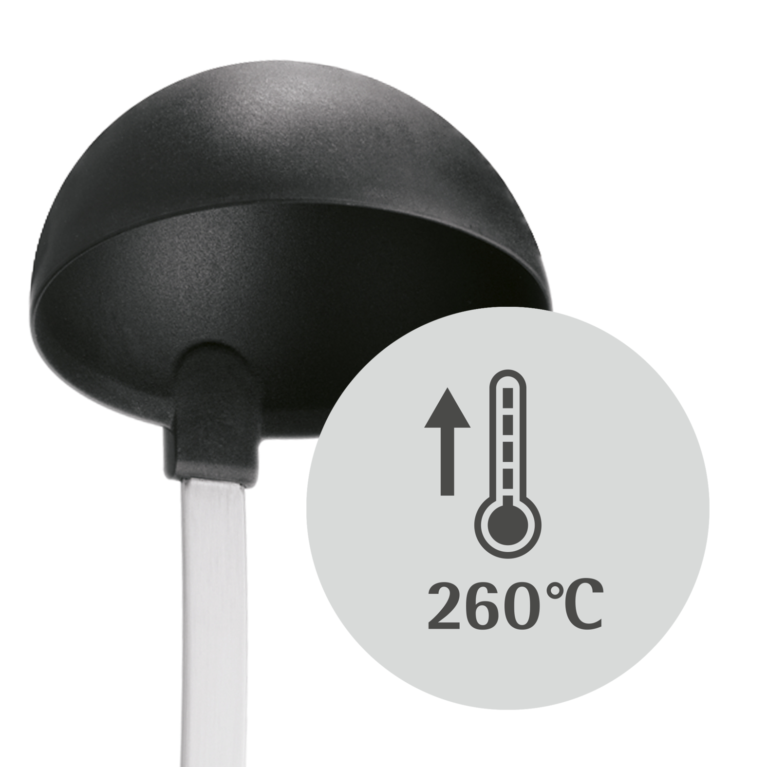 Schwarzer Schöpflöffel mit großem Kessel, ein Temperatursymbol zeigt 260°C, in einem Kreis.