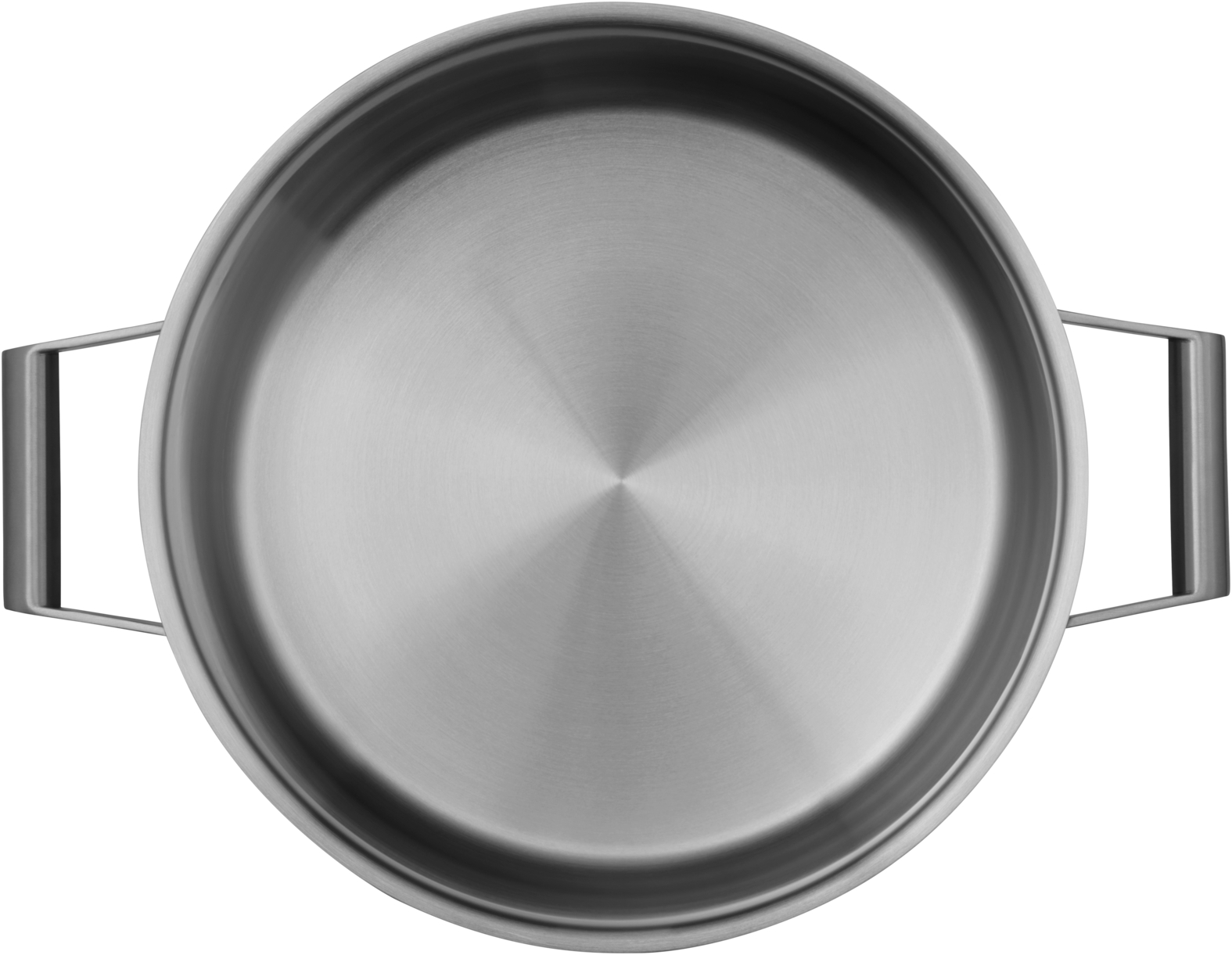 Une casserole en acier inoxydable vue de dessus. La casserole a deux poignées. Elle est vide.
