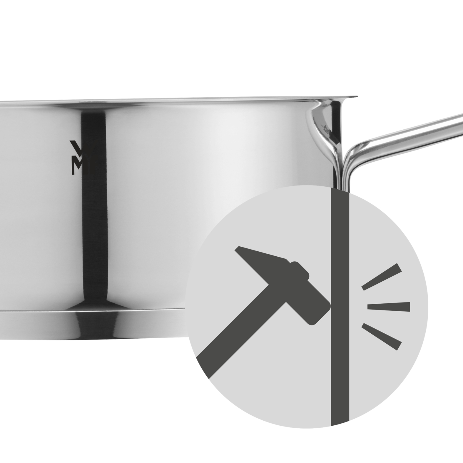 Edelstahltopf mit Griff. Hammer-Symbol zeigt Haltbarkeit an.