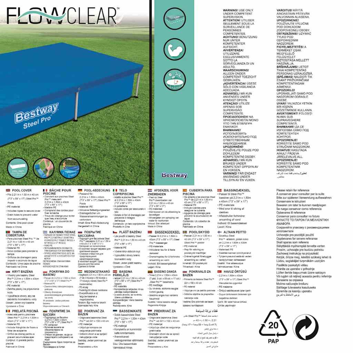Poolabdeckung mit Warnhinweisen in mehreren Sprachen und grünem Recycling-Symbol vor blauem Hintergrund.