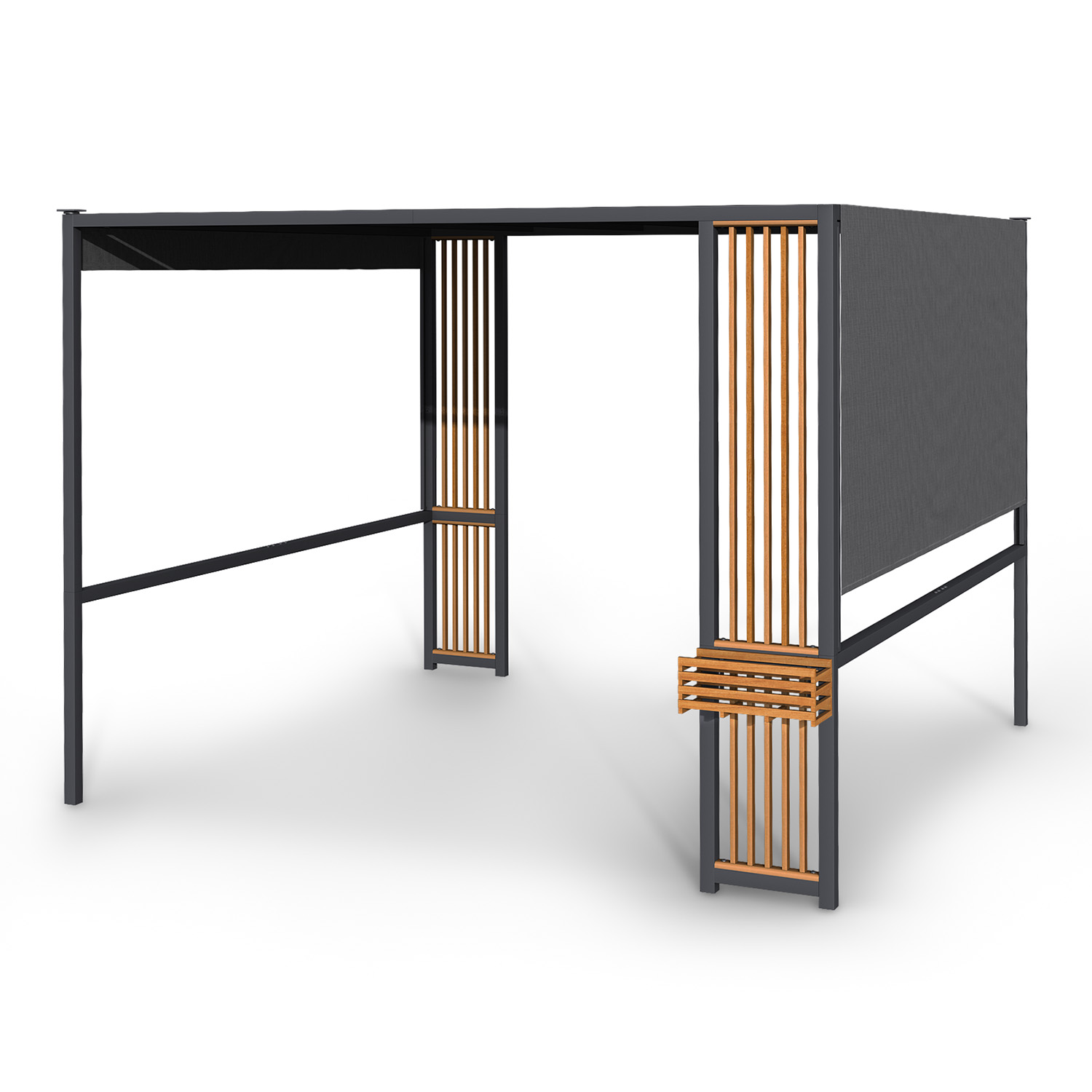 Bild einer modernen Outdoor-Struktur aus Holz und Metall mit Flachdach. Die Struktur ist leer.