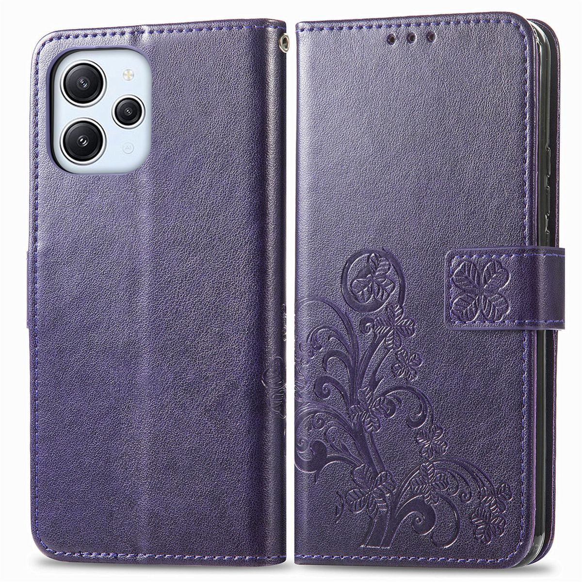 Lila Handyhülle, Blumendesign, geöffnet mit Telefon und Kartenfächern.