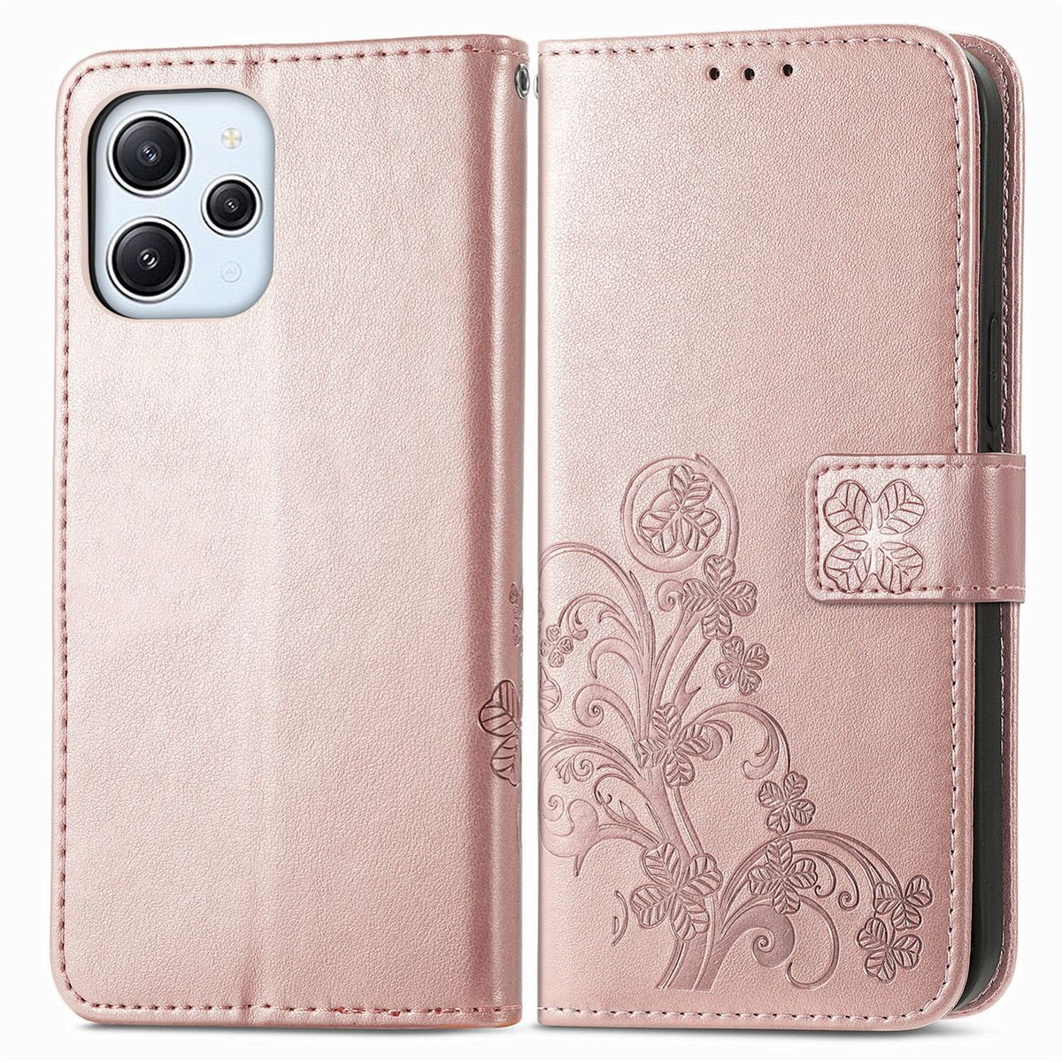Rosa Handyhülle. Geöffnet, zeigt ein Telefon mit floralem Design.