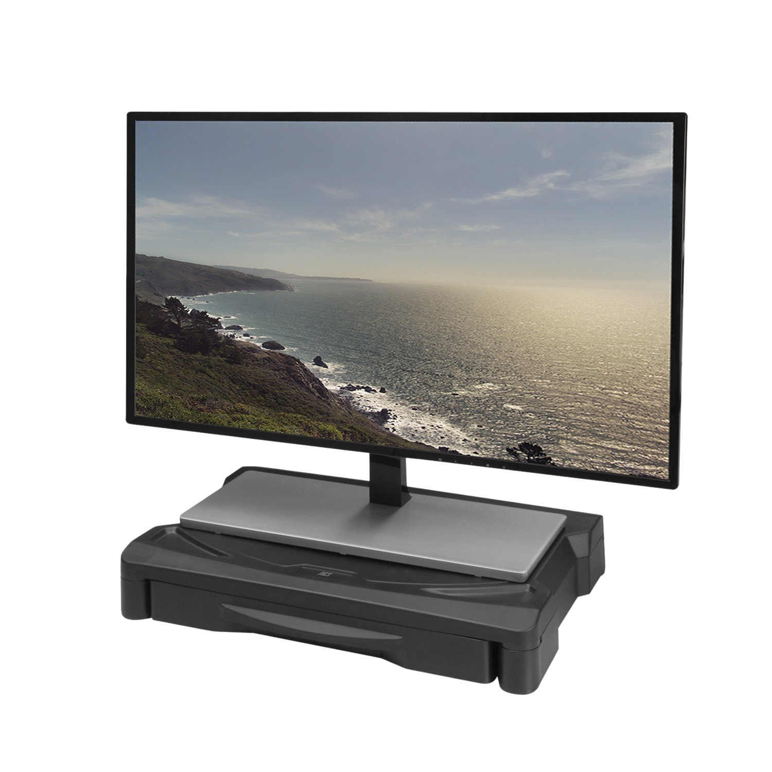 Monitor na czarnej podstawie. Ekran pokazuje nadmorski krajobraz z oceanem i błękitnym niebem.