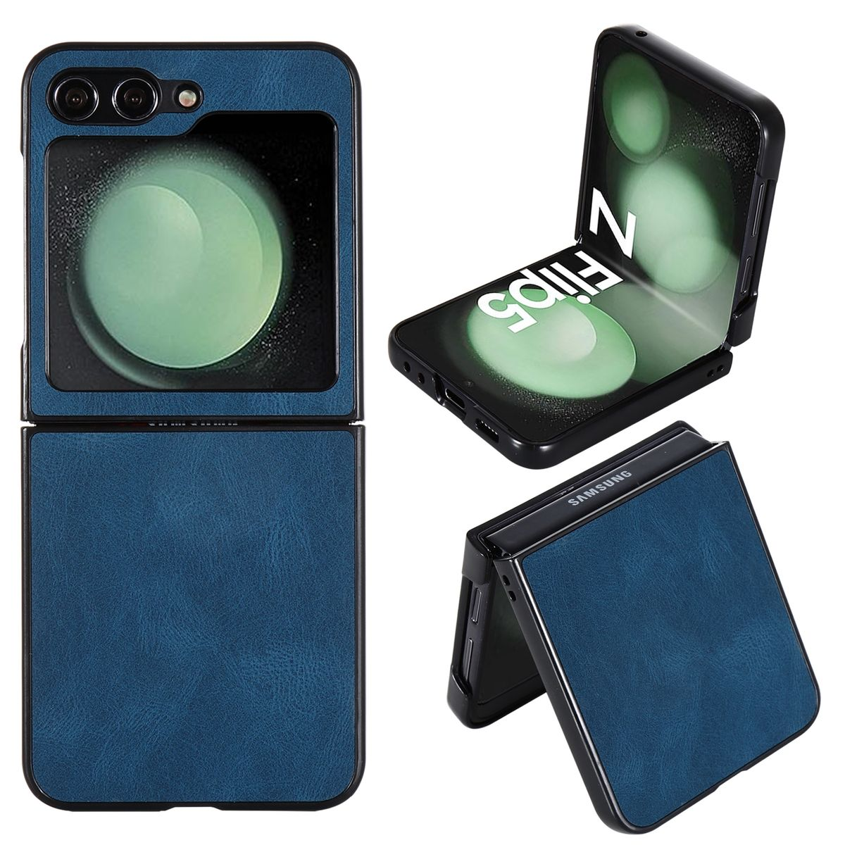 Blaue Handyhülle, Samsung Galaxy Z Flip5 offen und geschlossen.