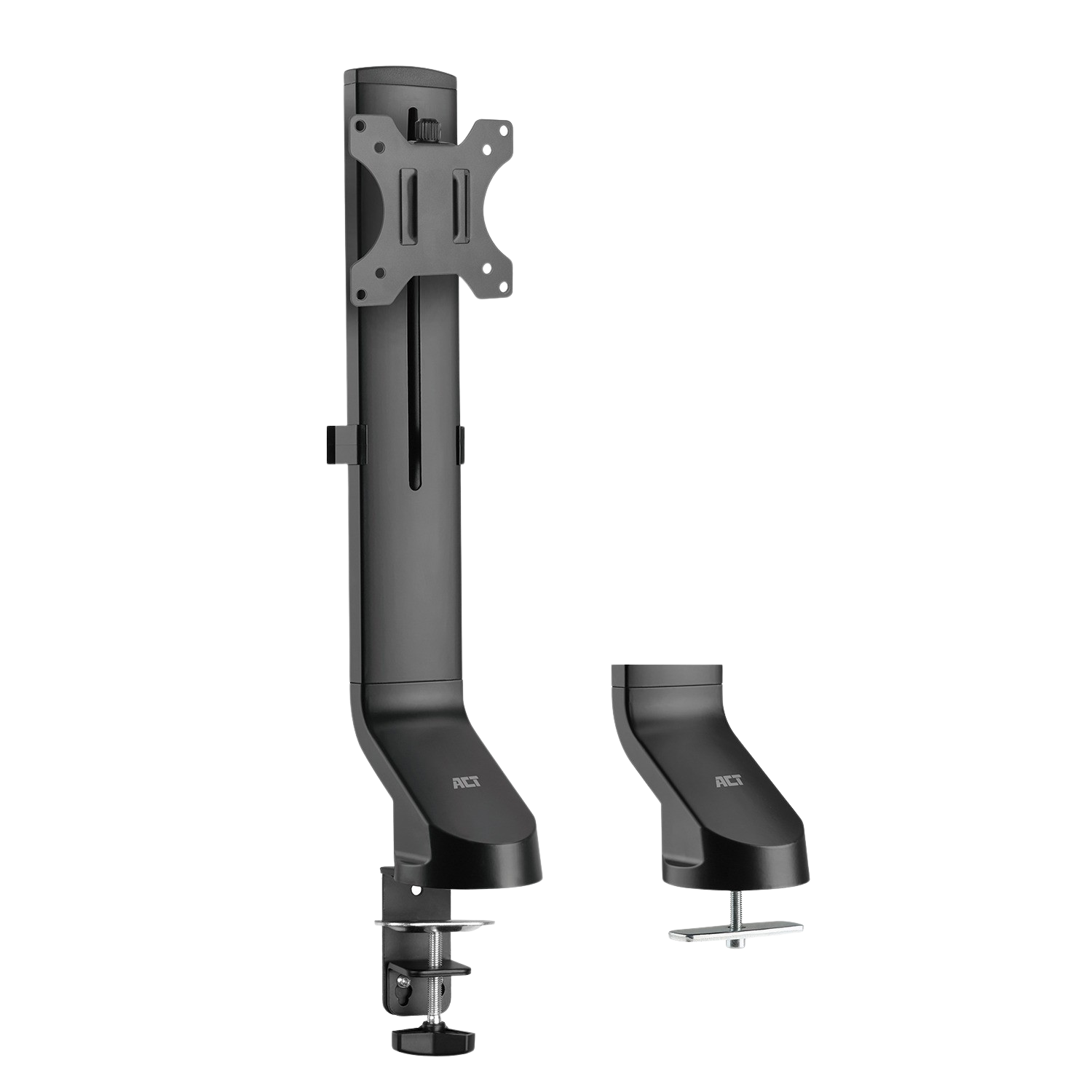 Czarny uchwyt do monitora. Ma regulowaną wysokość i zacisk do biurka.