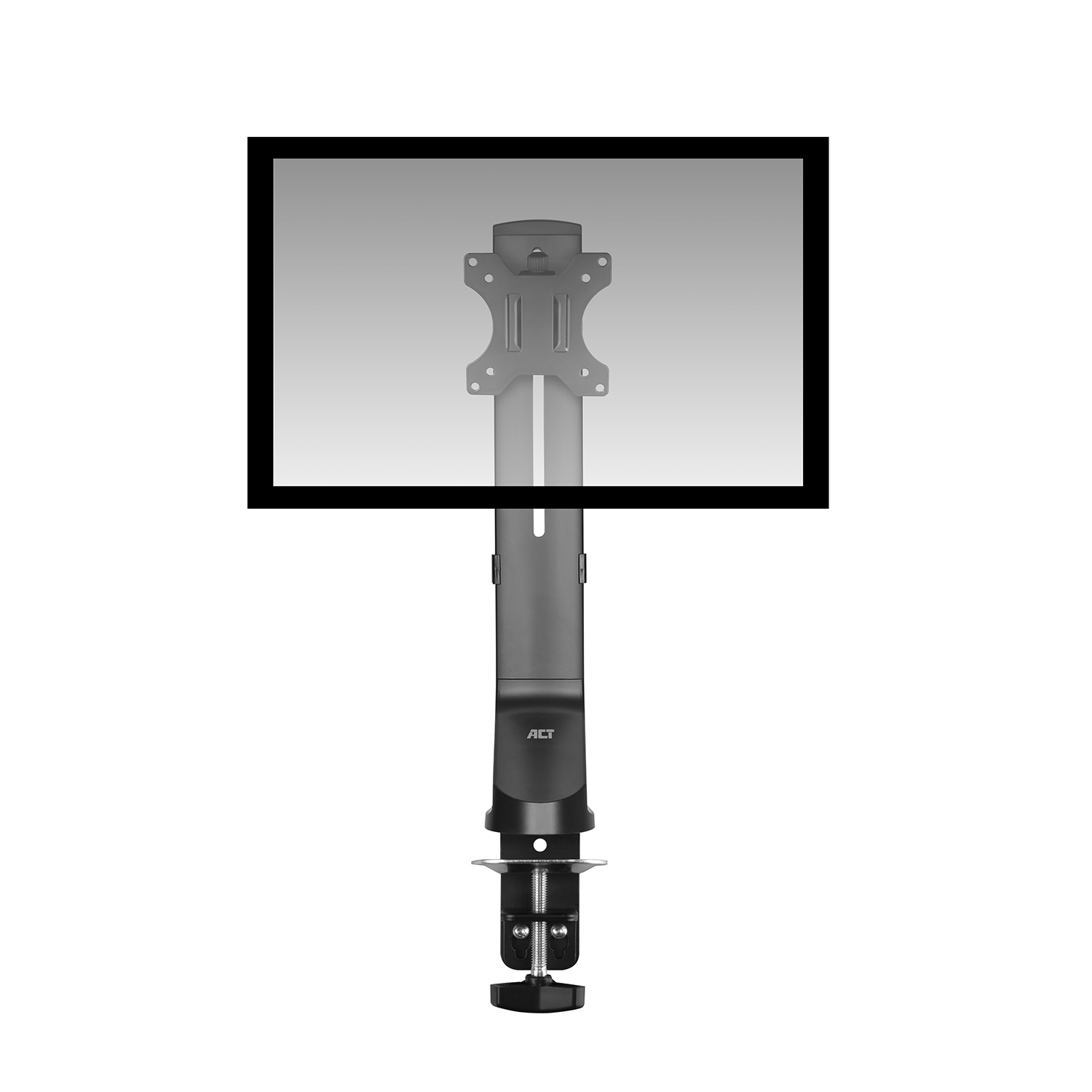 Czarny stojak na monitor z dołączonym monitorem na białym tle.